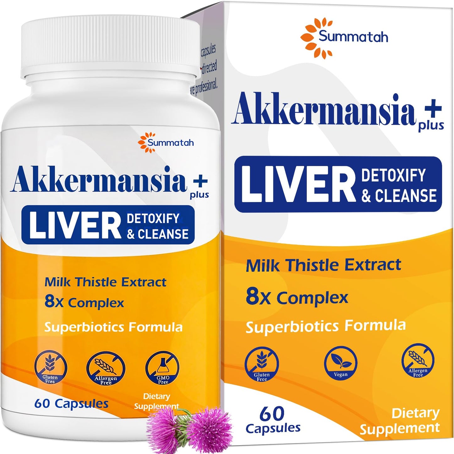 Summatah Liver Detoxify Repair & Cleanse Probiotic with Milk Thistle, Dandelion & Turmeric, 20 Billion AFU Akkermansia, 8-in-1 Herbal Formula for Liver Support & Renew, Capsule, 60 Count