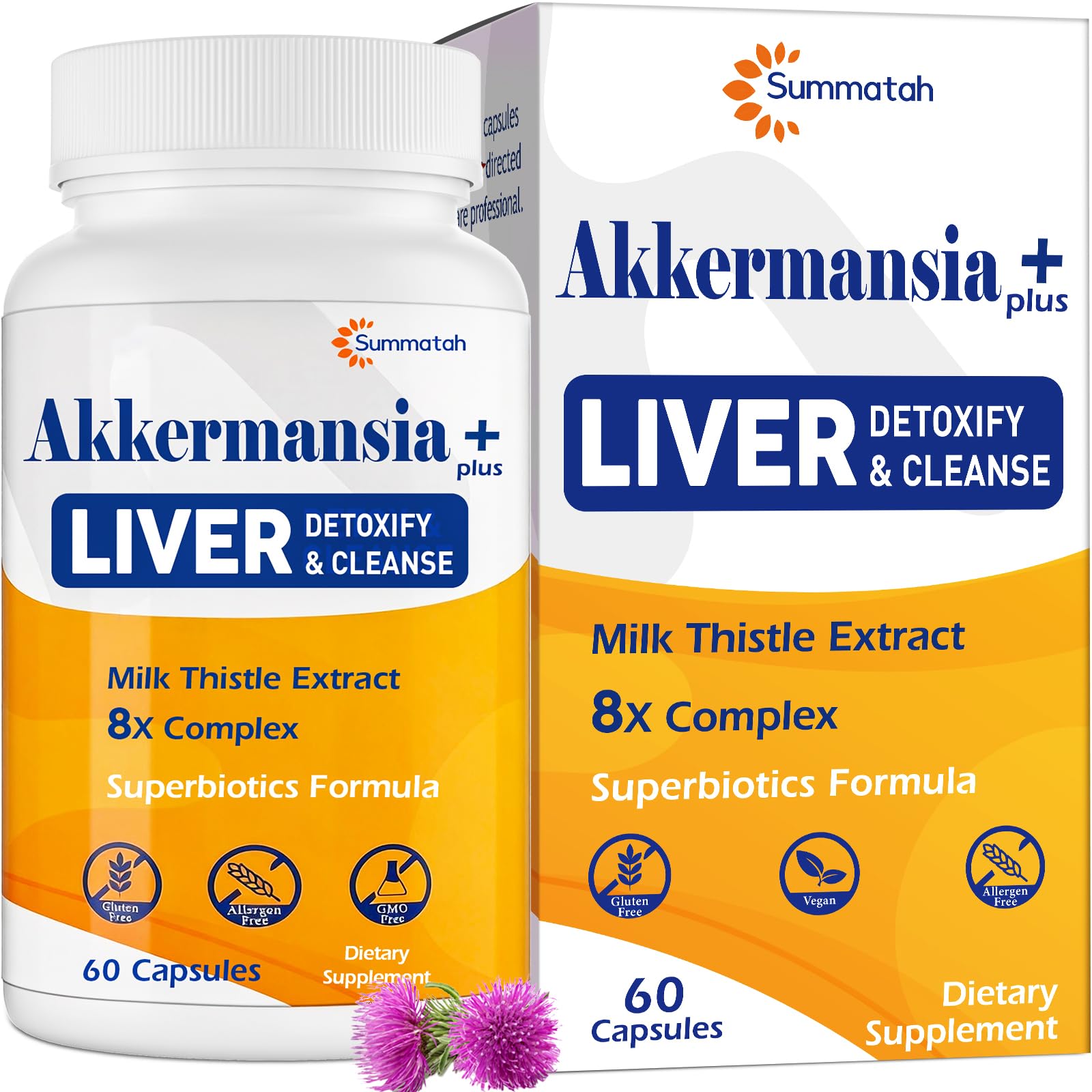 Summatah Liver Detoxify Repair & Cleanse Probiotic with Milk Thistle, Dandelion & Turmeric, 20 Billion AFU Akkermansia, 8-in-1 Herbal Formula for Liver Support & Renew, Capsule, 60 Count