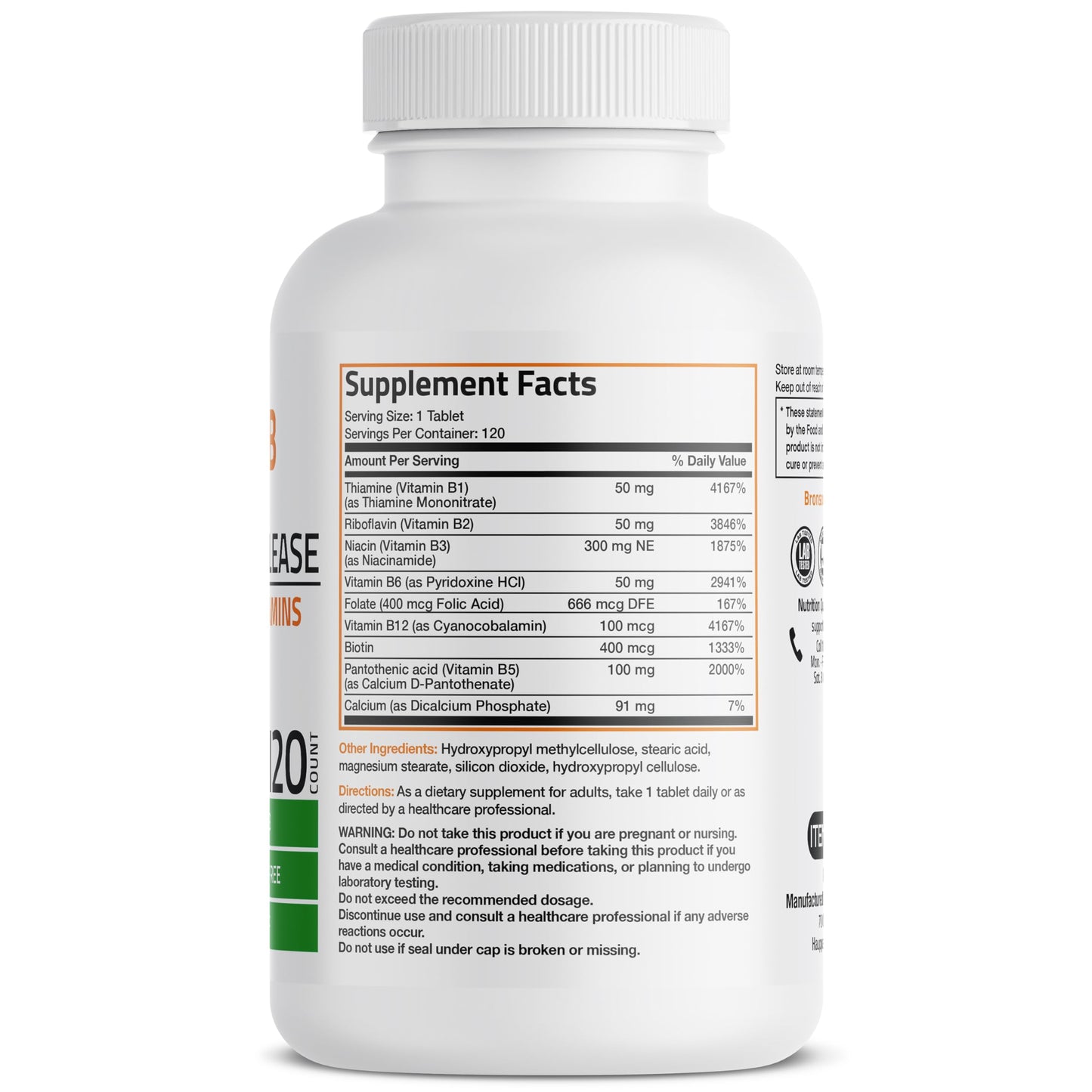 Bronson Super B Vitamin B Complex Sustained Slow Release Tablets, 120 Tablets
