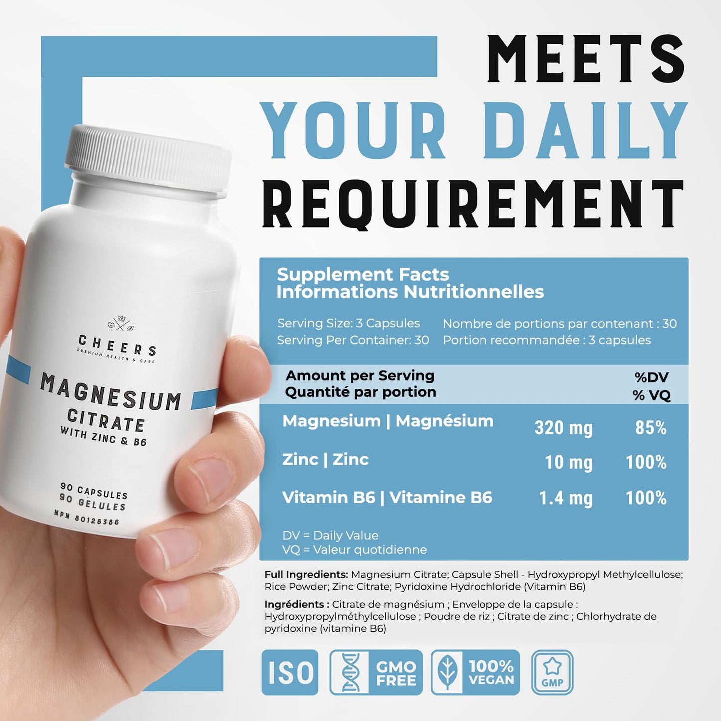 CHEERS Magnesium Citrate Complex with Zinc & B6 320mg High Absorption, Muscle, Nerve & Bone Support, 90 Capsules, Non-GMO, Vegan