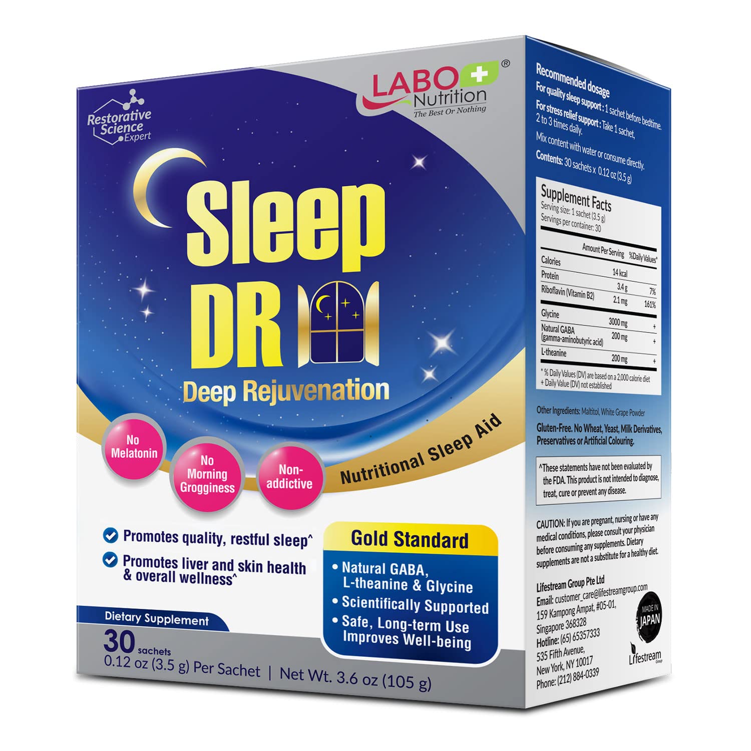 LABO Nutrition Sleep DR Natural GABA L-Theanine Melatonin-Free Sleep Aid Powder 3.6 Ounce
