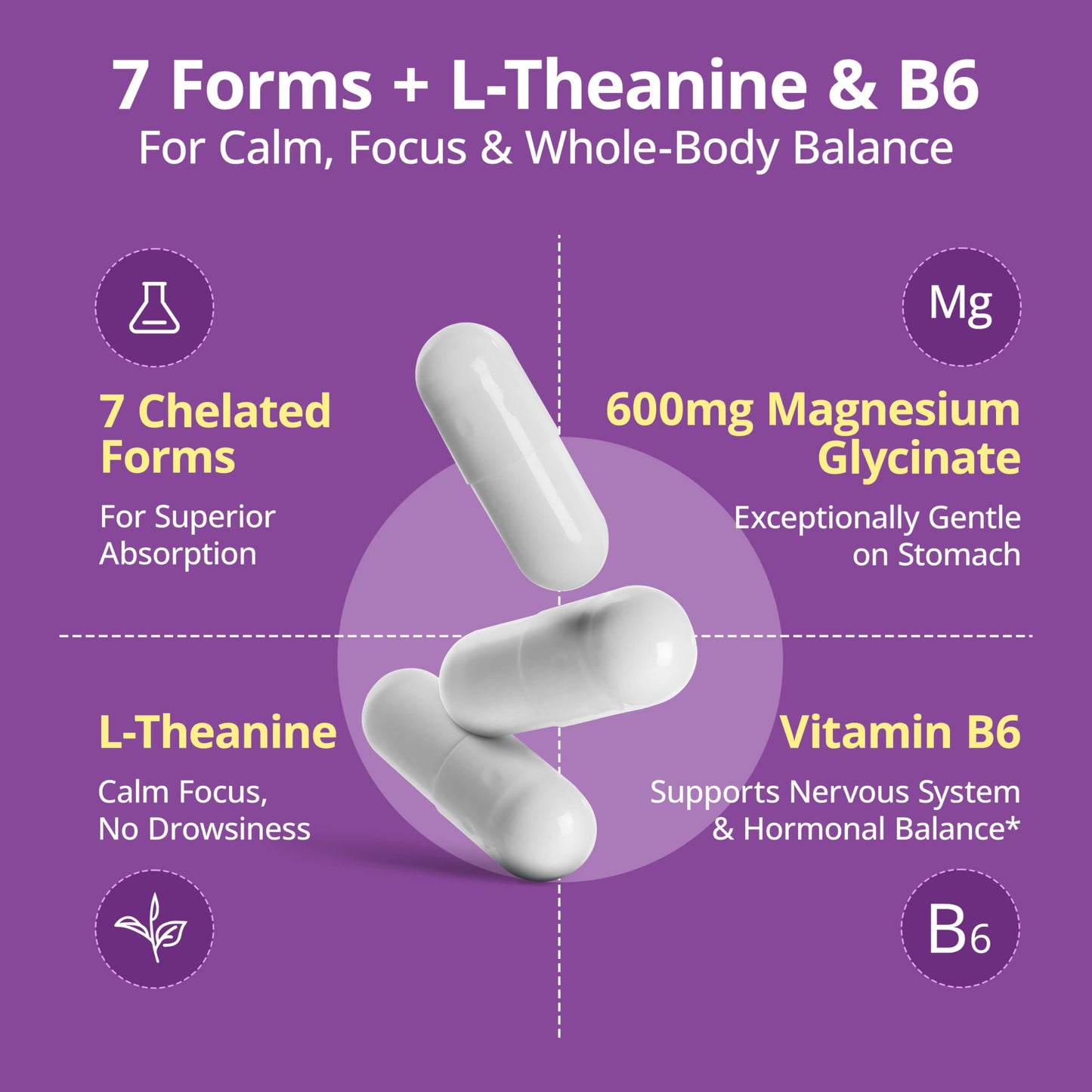 HojaSana Magnesium Complex for Women (Magnesium Glycinate 600mg) with L-Theanine, 60 Capsules