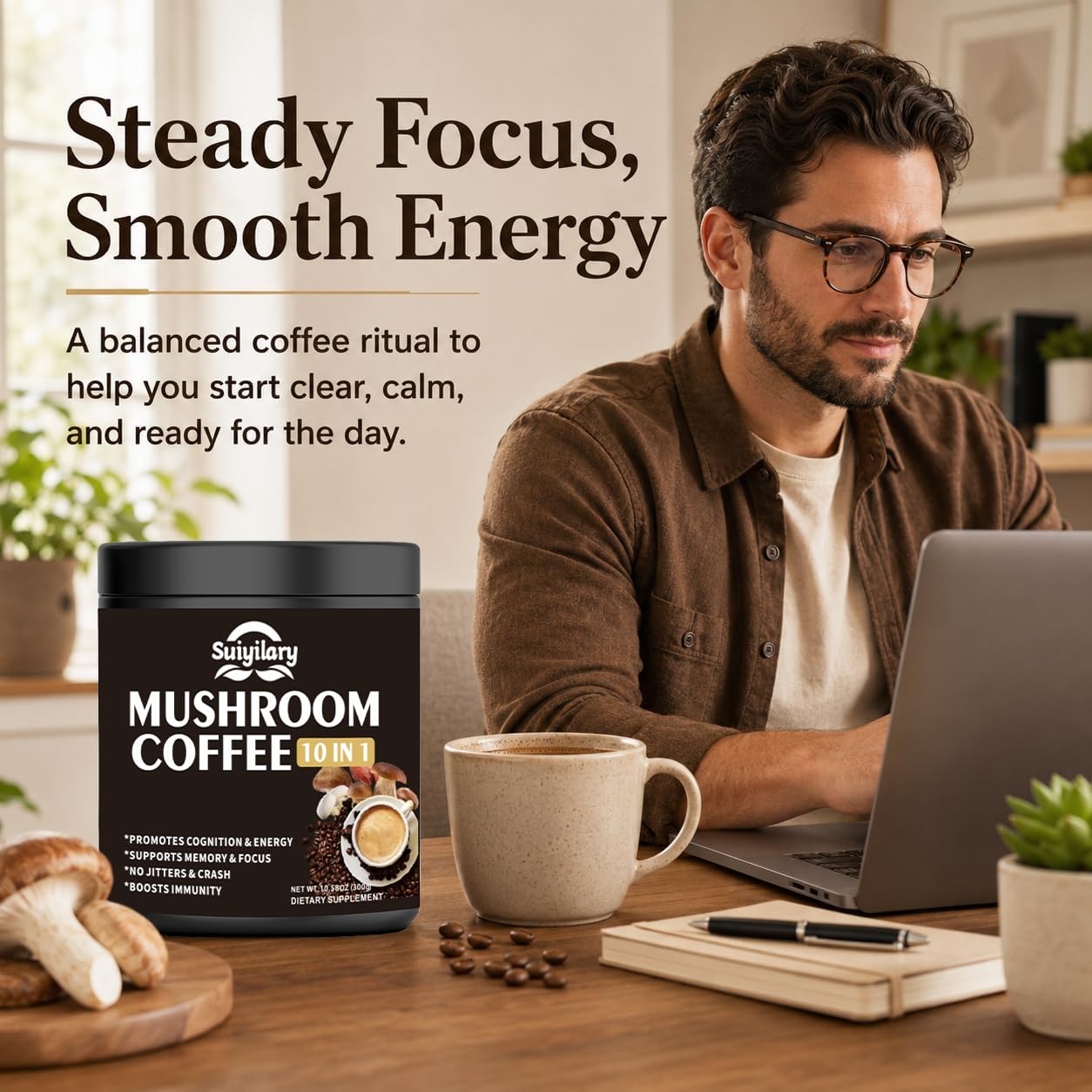Suiyilary Mushroom Coffee 10 Mushroom Extract Powder Blend Lion's Mane, Reishi, Chaga, Cordyceps, Turkey Tail, Brain Support with Instant Coffee, Powder, 10.6 oz