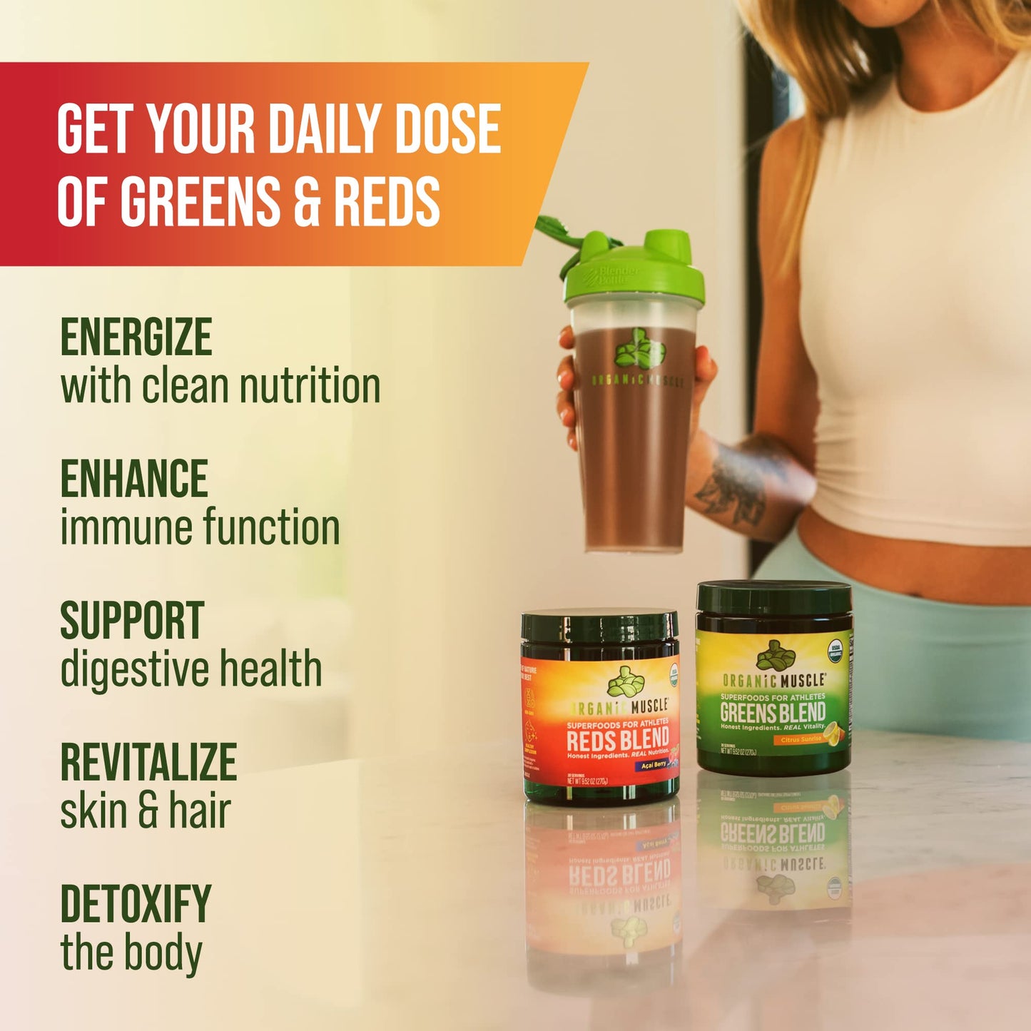 Organic Muscle Vegan Greens and Reds Superfood Powder, 2-Pack