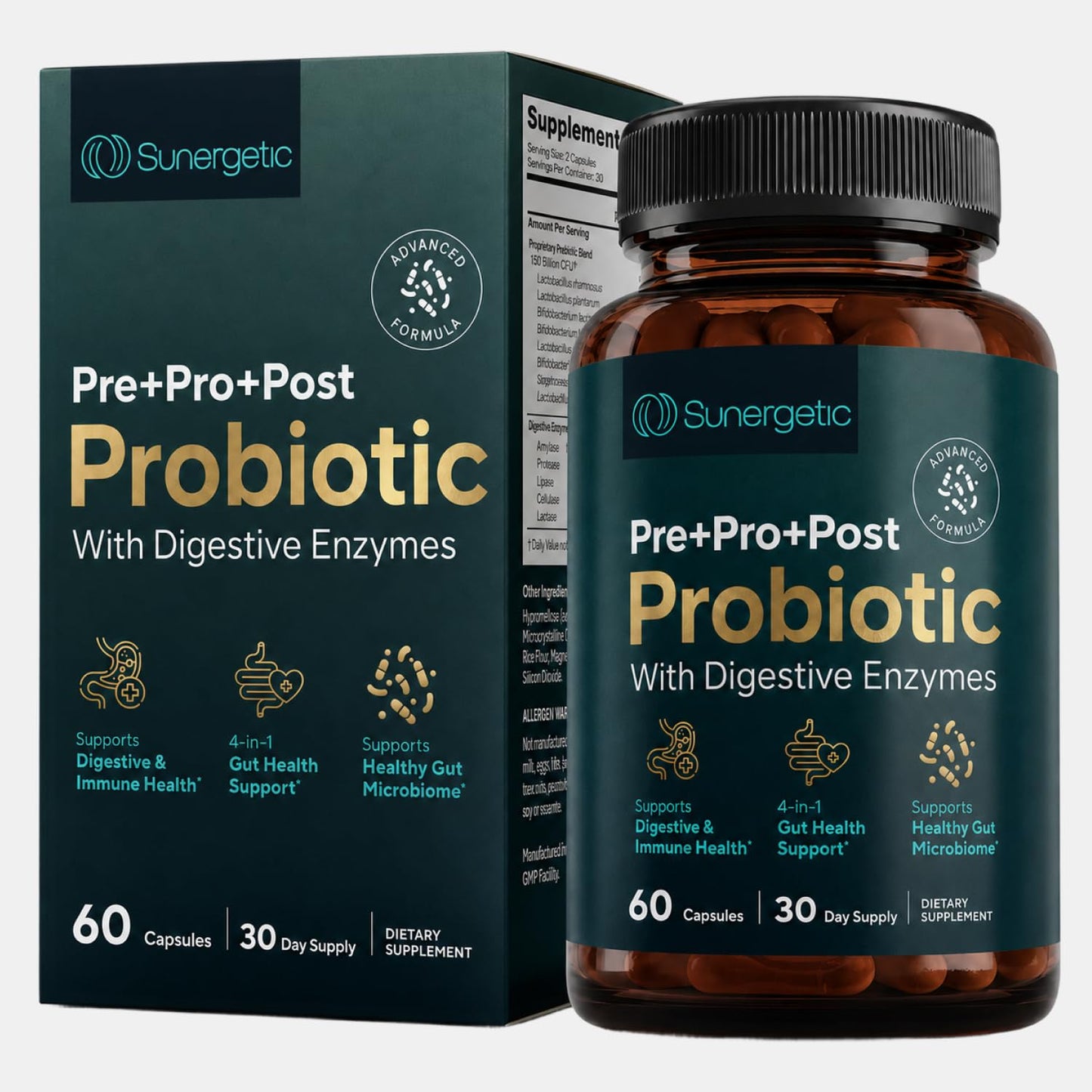 Sunergetic Premium 4-in-1 Probiotic Prebiotic & Postbiotic - Tribiotic Blend with Digestive Enzymes for Men & Women - Supports Gut, Digestion & Immunity - Complete Gut Health with Pre, Post & Probiotics 60 Capsules