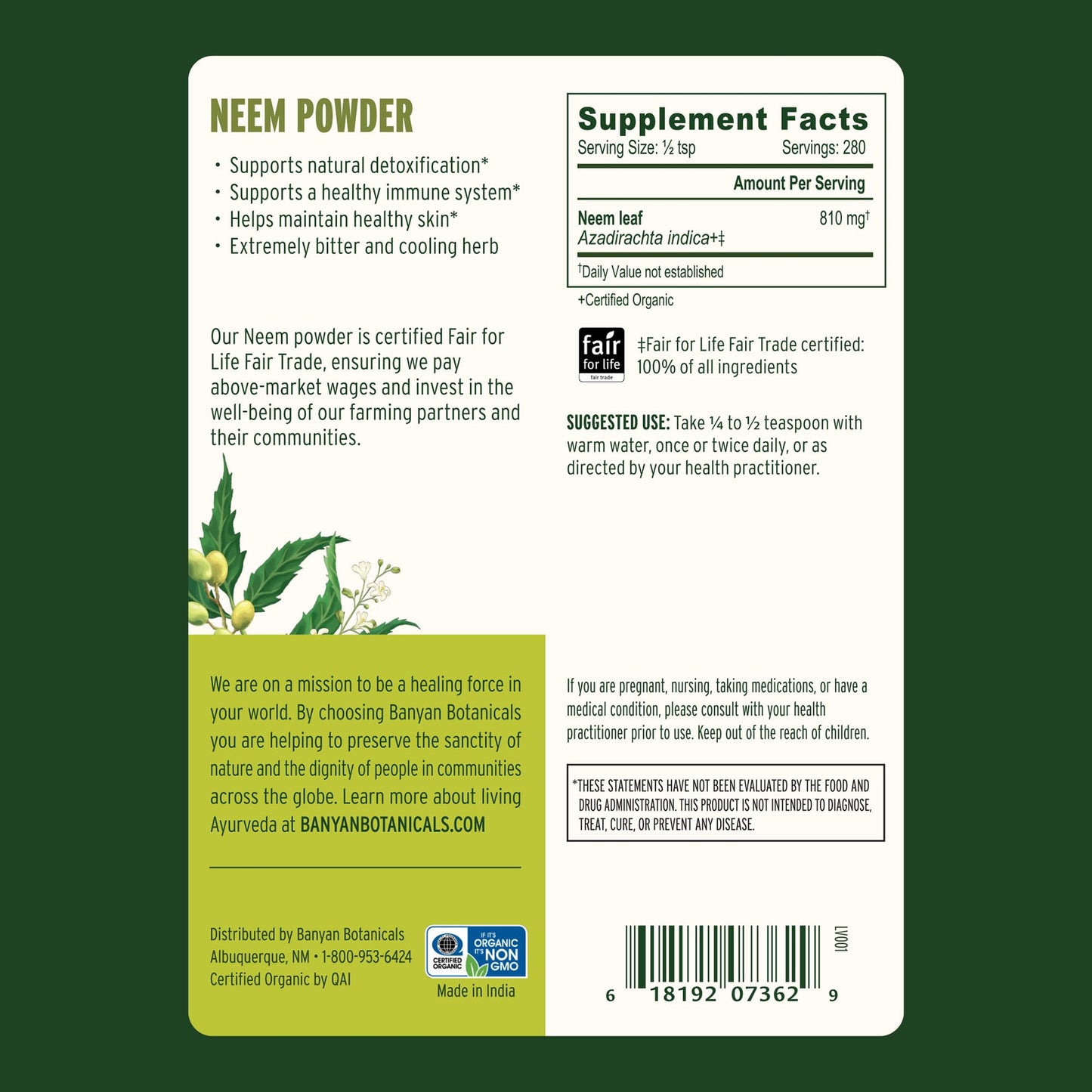 Banyan Botanicals Neem Powder Organic Neem Leaf Supplement 8 oz