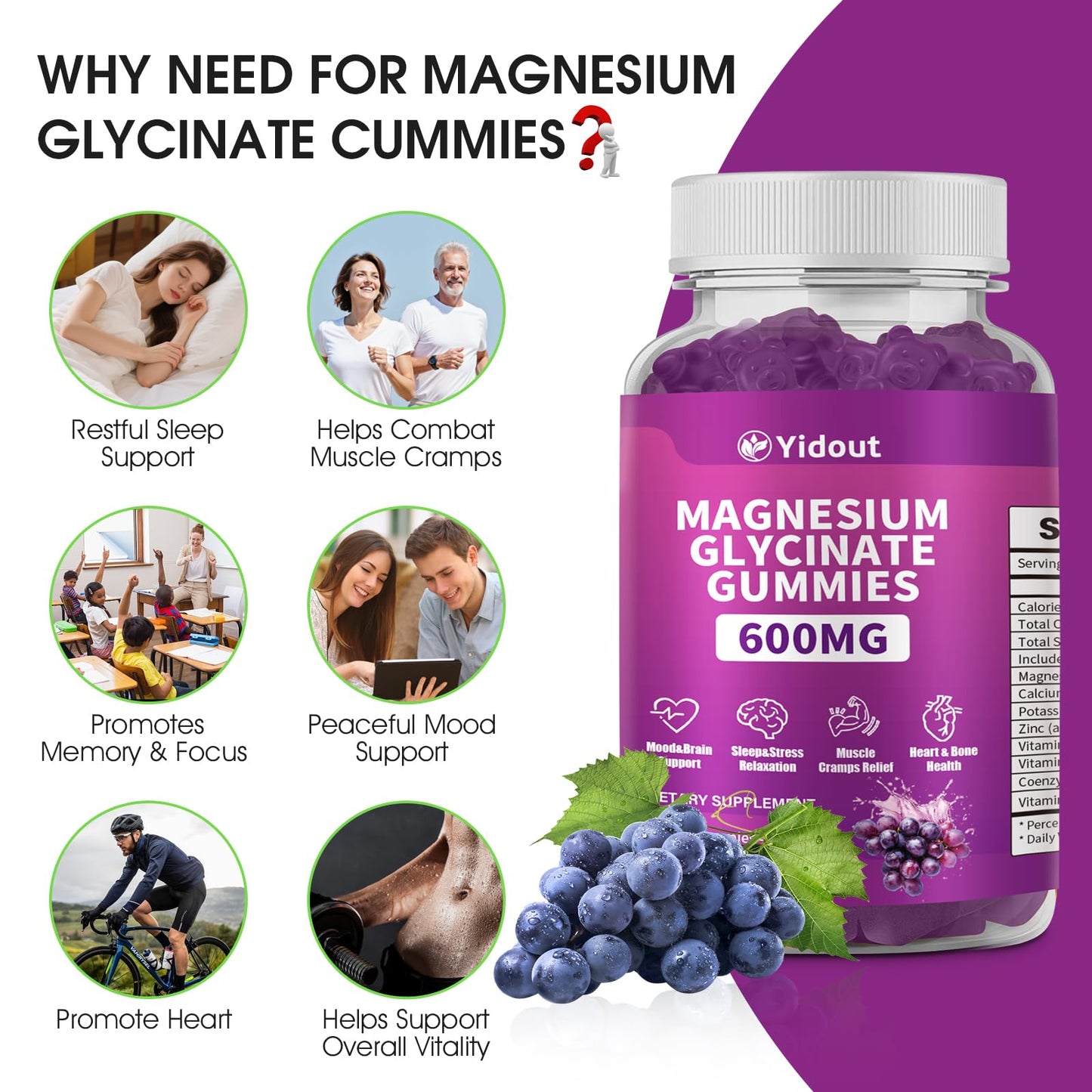 Yidout Magnesium Glycinate Gummies 600mg, 60 Count