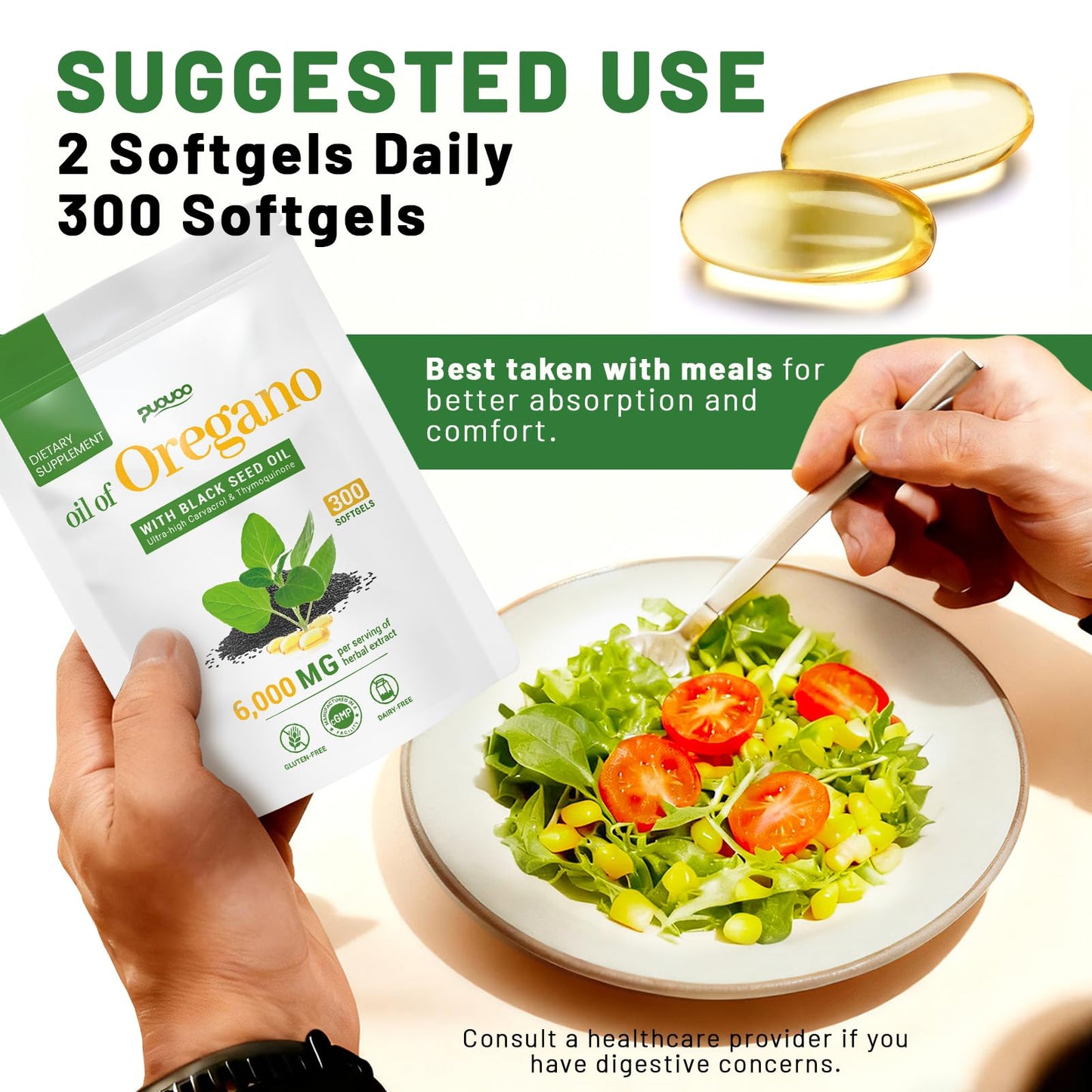 Puouoo 2 in 1 Oil of Oregano Capsules with Black Seed Oil, Carvacrol, 300 Capsules