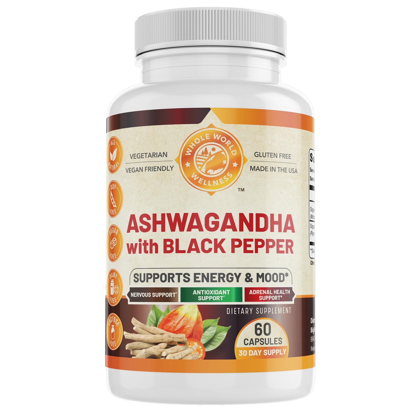 WHOLE WORLD WELLNESS Organic Ashwagandha with Black Pepper 60 Capsules