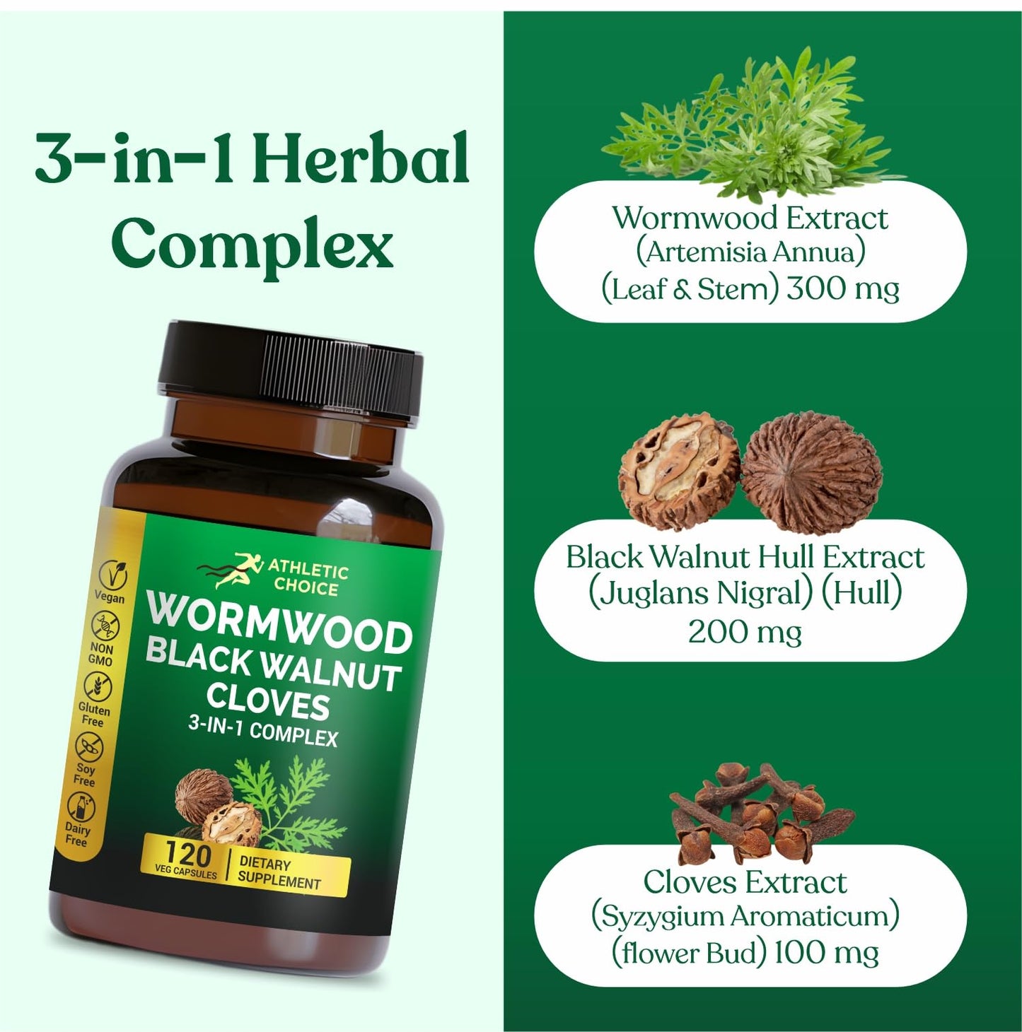 Athletic Choice Wormwood Black Walnut Clove Complex 3-in-1 Formula with Sweet Wormwood Extract 120 Capsules