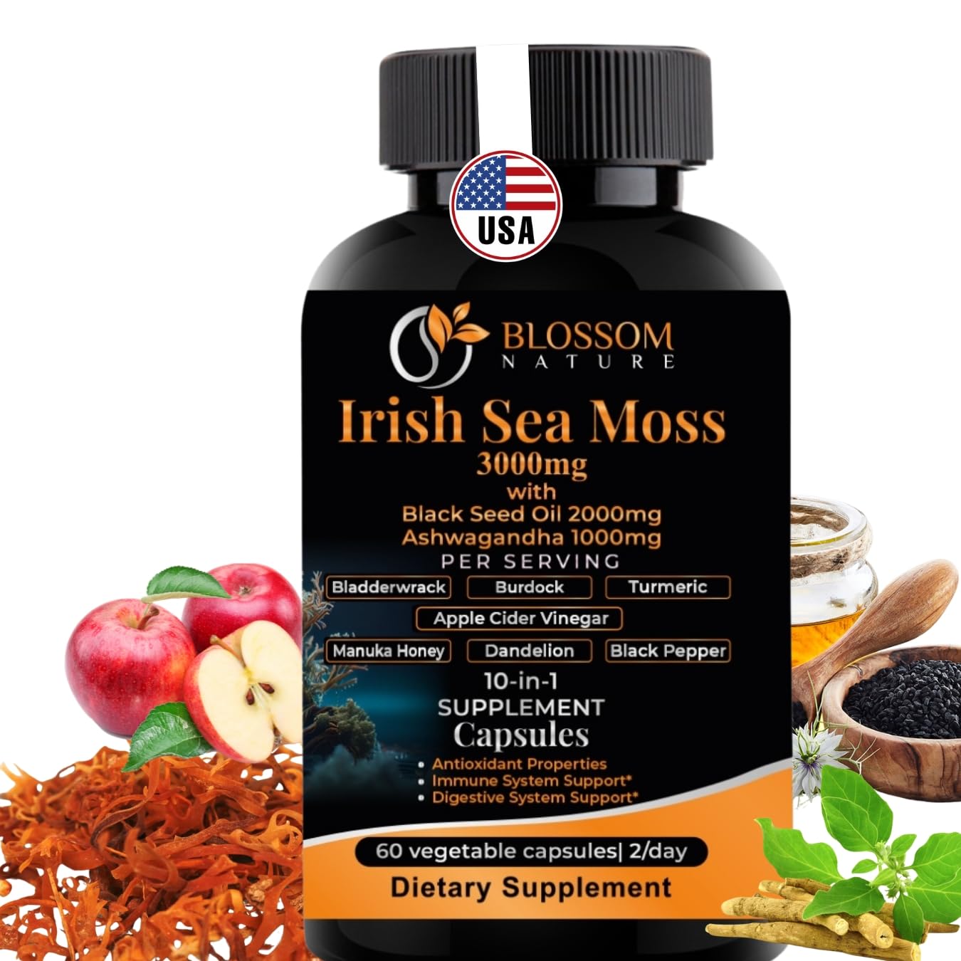 Blossom Nature 10-in-1 Irish Sea Moss 3000mg with Black Seed Oil, Ashwagandha, Bladderwrack, Burdock, Turmeric, Apple Cider Vinegar, Manuka Honey, Dandelion, Black Pepper, 60 Capsules