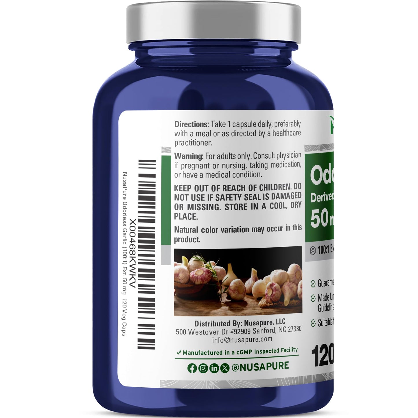 NusaPure Odorless Garlic 50mg Capsules, 120 Count
