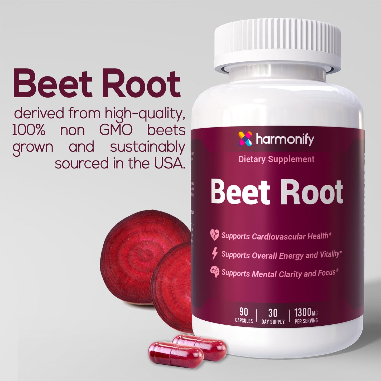 HARMONIFY Beet Root Capsules, Pure Beetroot Powder 1300 mg, Circulation Support Supplement, Vegan, Non-GMO, Gluten-Free, 90 Capsules