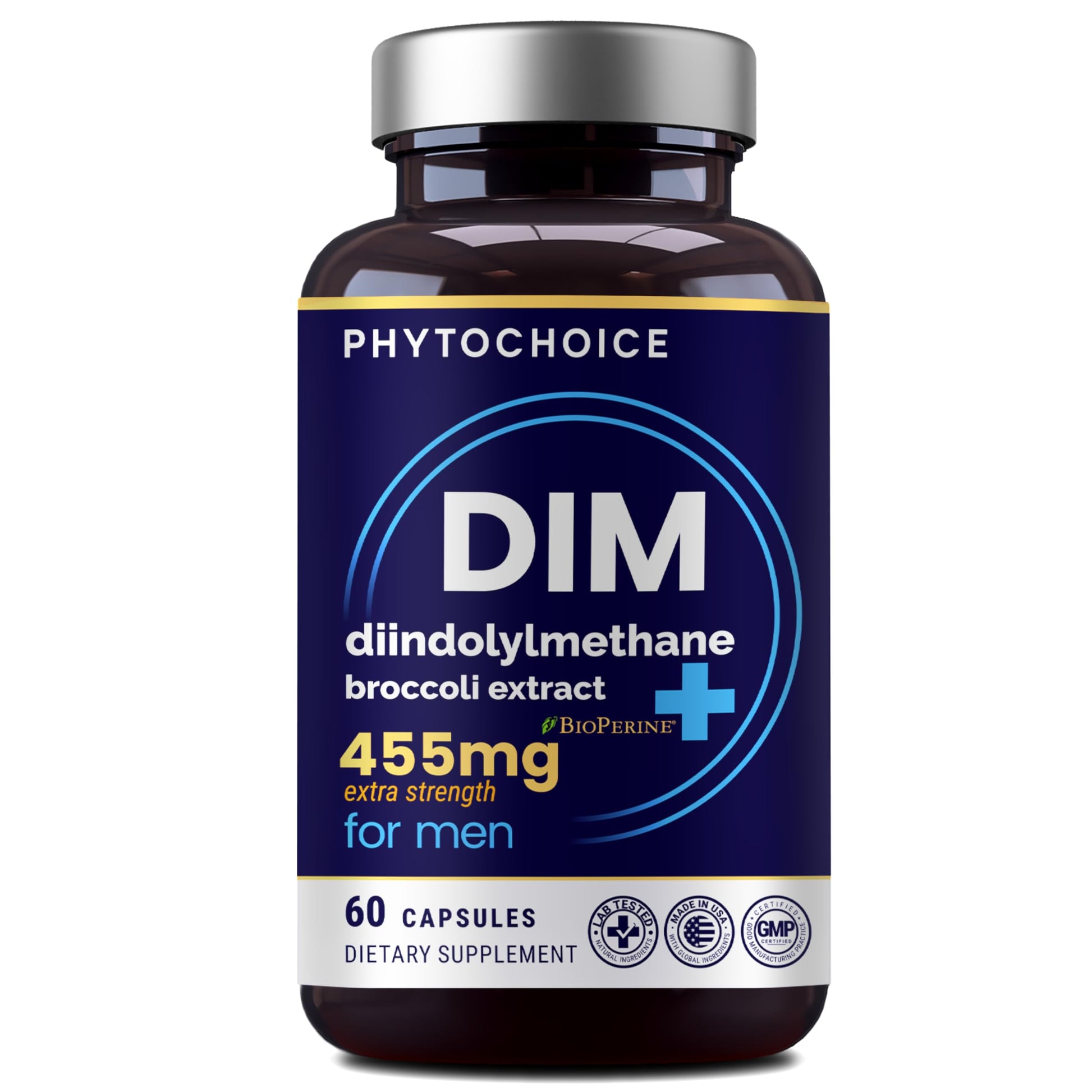 PHYTOCHOICE DIM for Men 350mg High Potency with BioPerine® & Broccoli Extract – 455mg Total Complex for Estrogen Balance & Hormone Optimization, Advanced DIM Supplement for Men, Clean Absorption Formula, 30 Capsules
