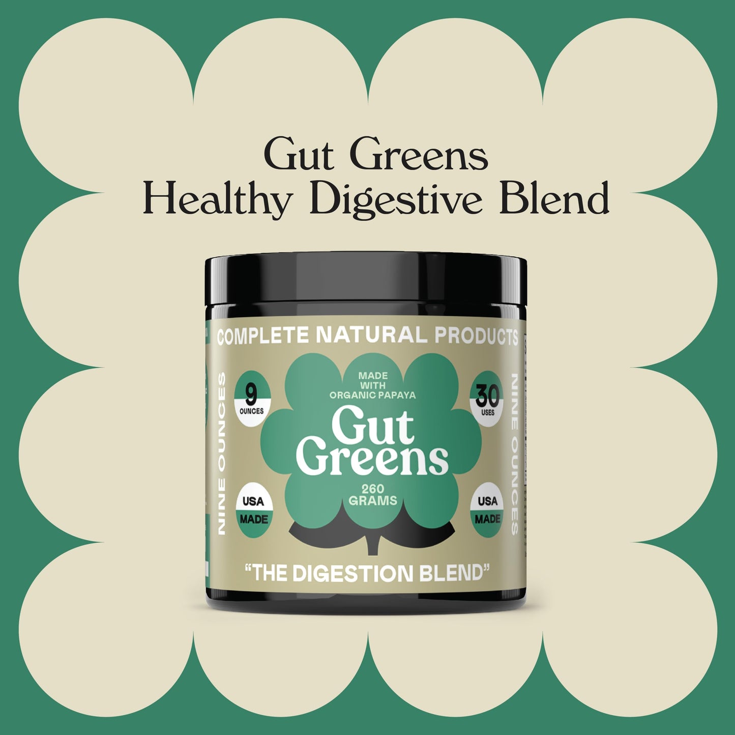 Complete Natural Products Gut Greens Superfood Powder Formula Supplement - Amazing Raw Digestive Enzyme Supplements Grass Mix, 9 Ounce