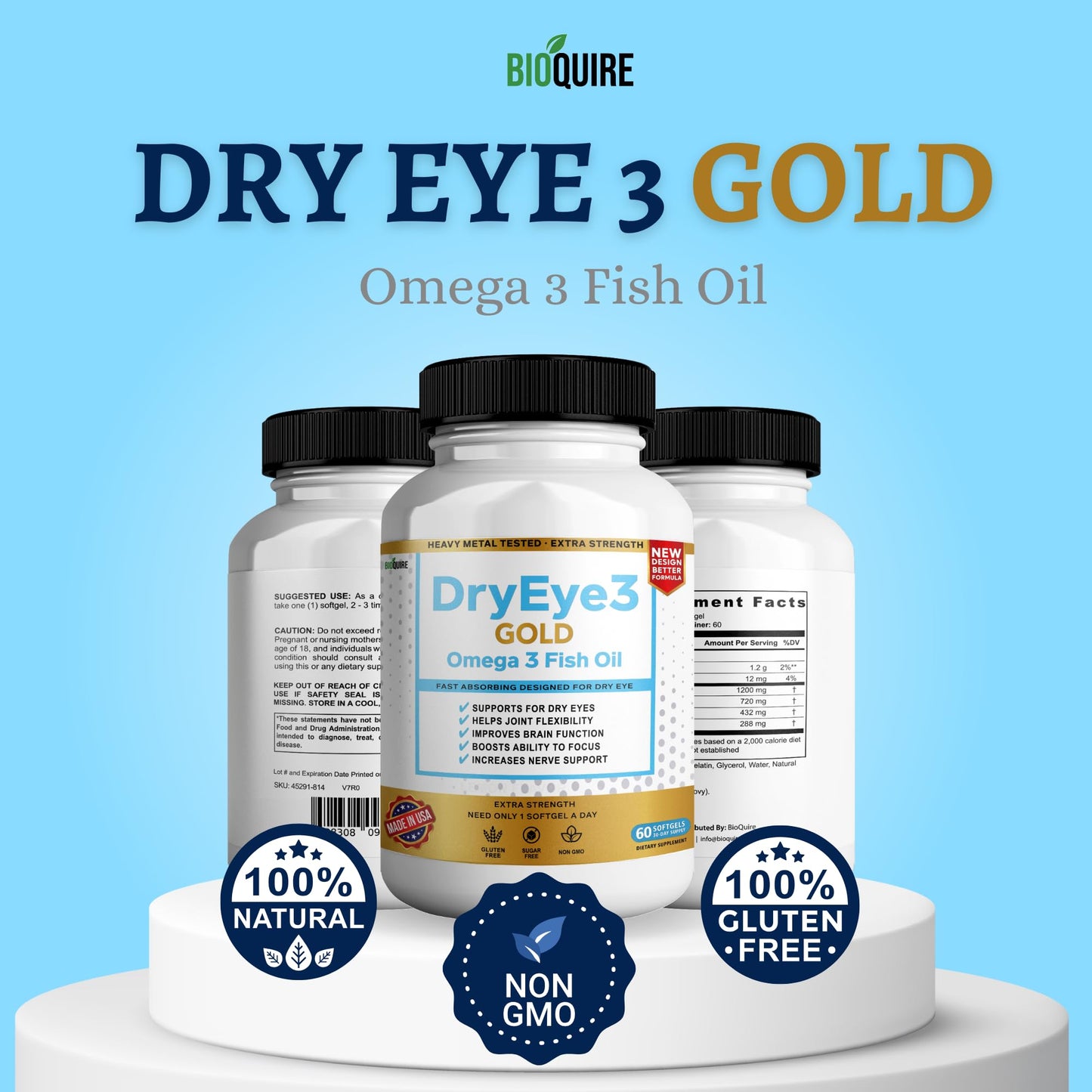 BIOQUIRE Dry Eye 3 Gold Omega-3 Fish Oil Capsules, Extra Strength, 180 Capsules