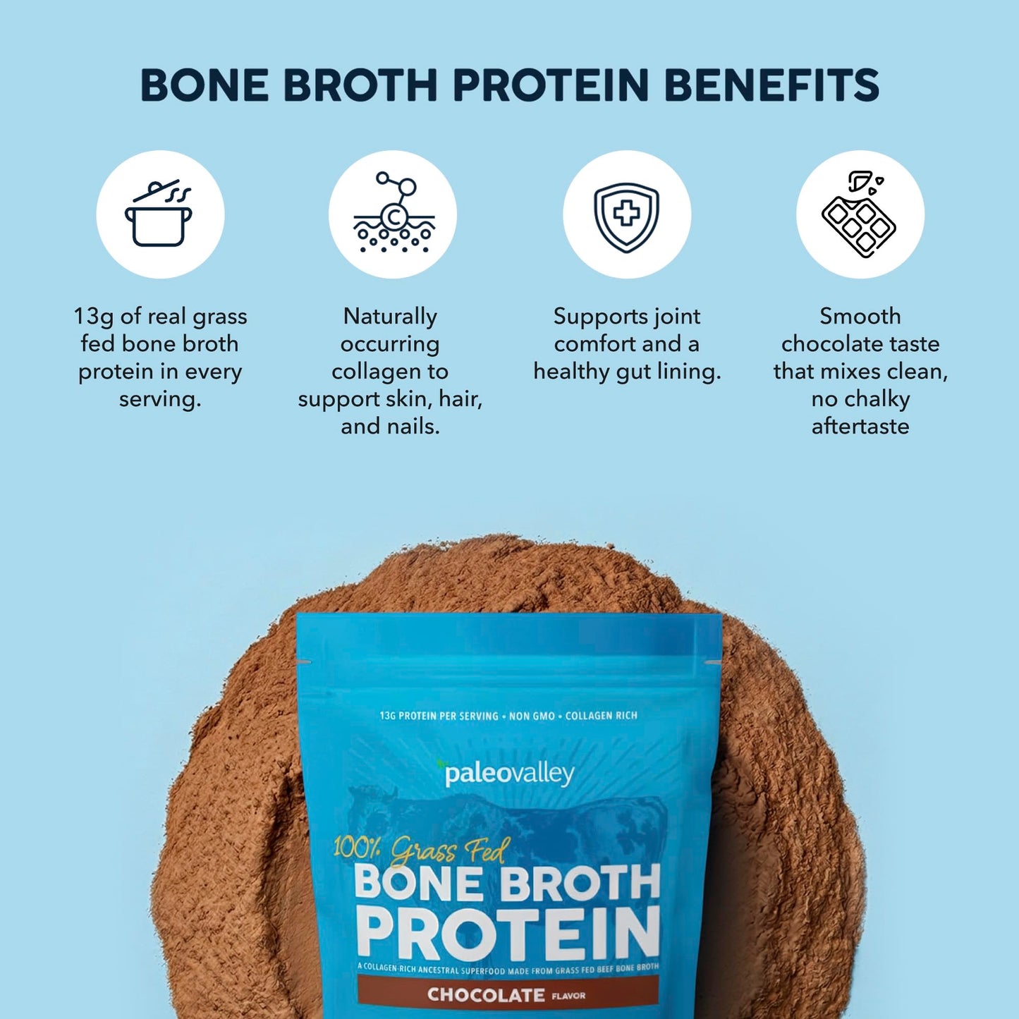 Paleovalley 100% Grass Fed Bone Broth Protein Powder, Chocolate, 1.18 lb