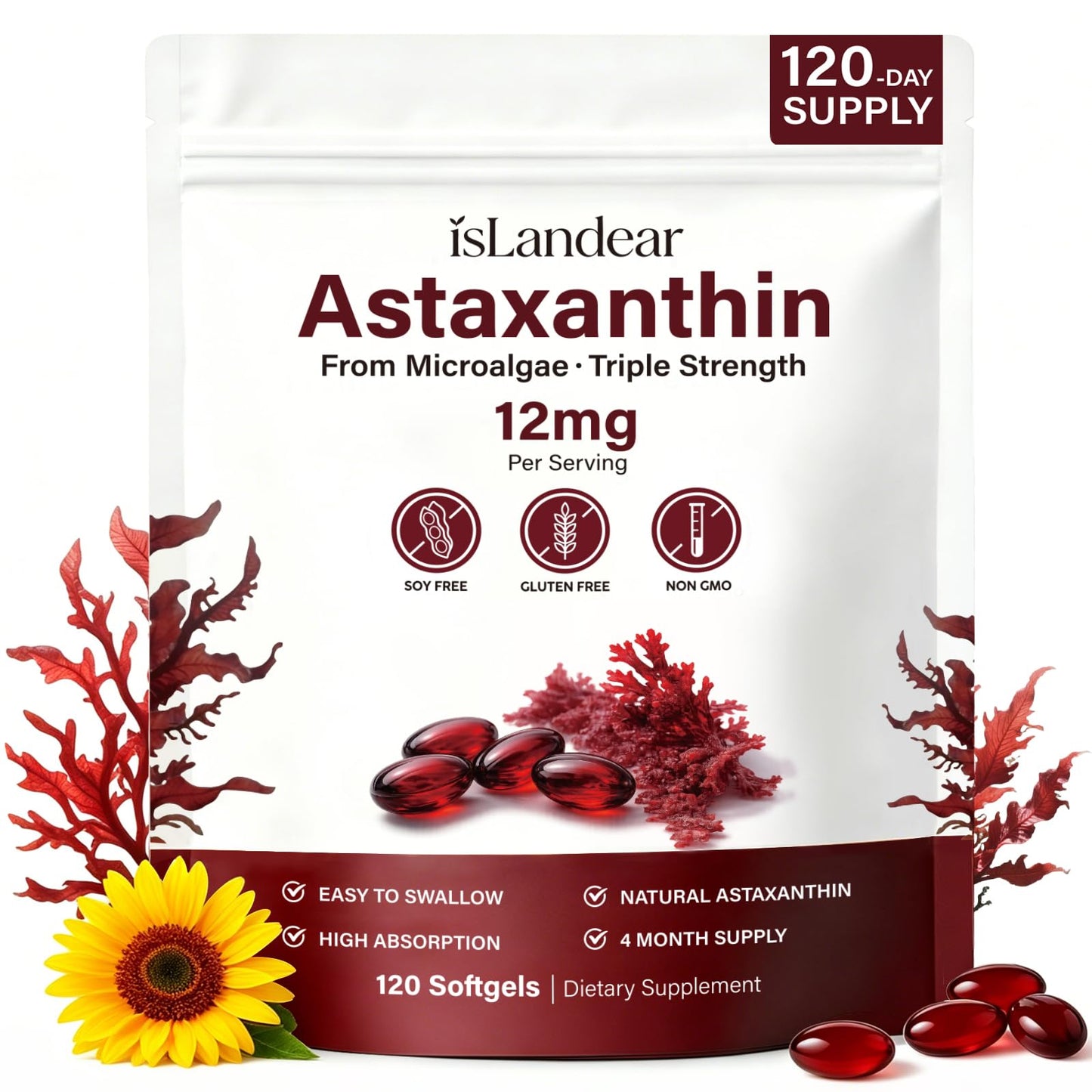 isLandear Astaxanthin 12mg Softgels, 120 Softgels