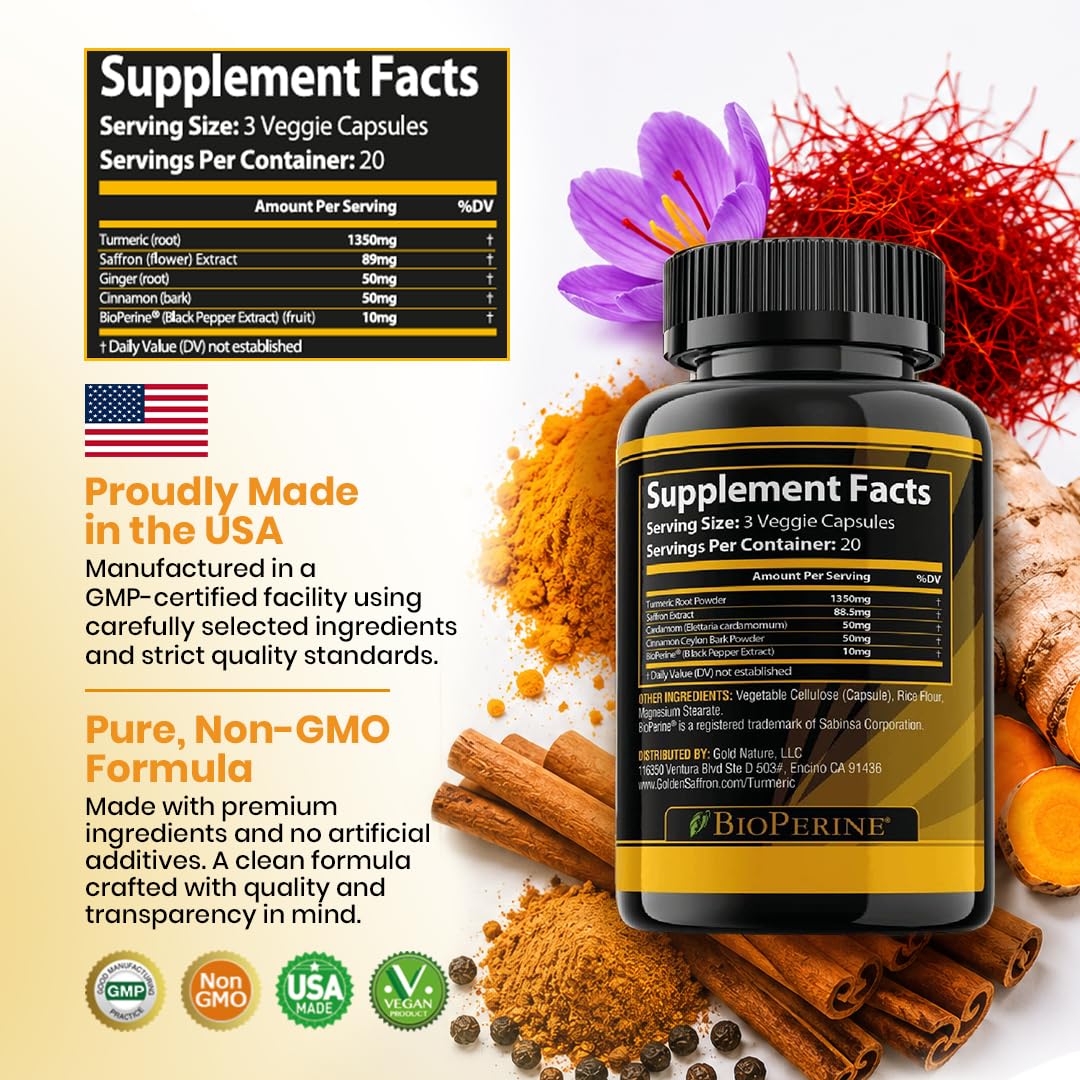 GOLDEN SAFFRON Turmeric Curcumin Supplement with Bioperine, Saffron, Cinnamon, and Ginger Capsules 60 Count