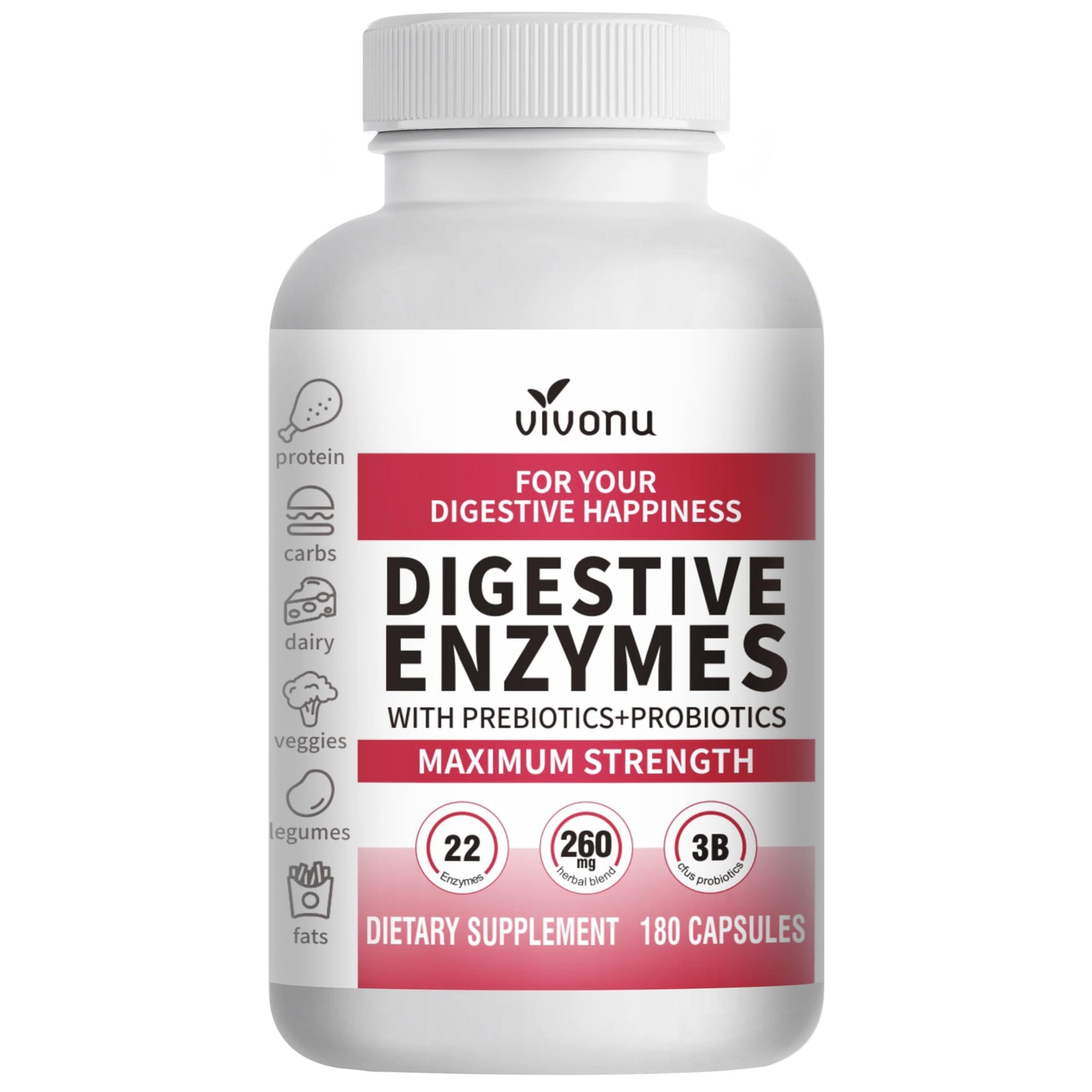 VivoNu Digestive Enzymes, 180 Capsules