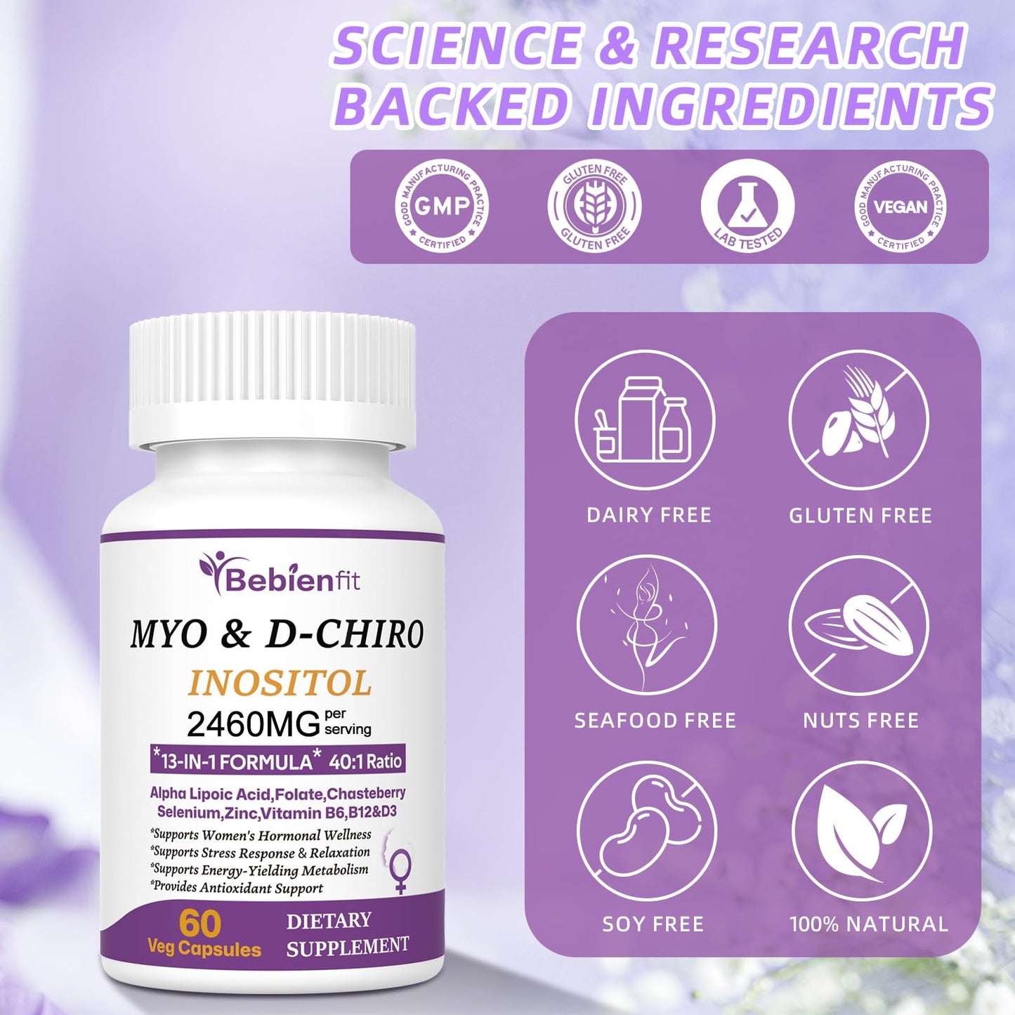 Bebien fit 13-in-1 Myo Inositol & D-Chiro Inositol for Women,2460mg-40:1 Ratio Supplement Plus Alpha Lipoic Acid/Folate/Vitex/Magnesium, 60 Capsules
