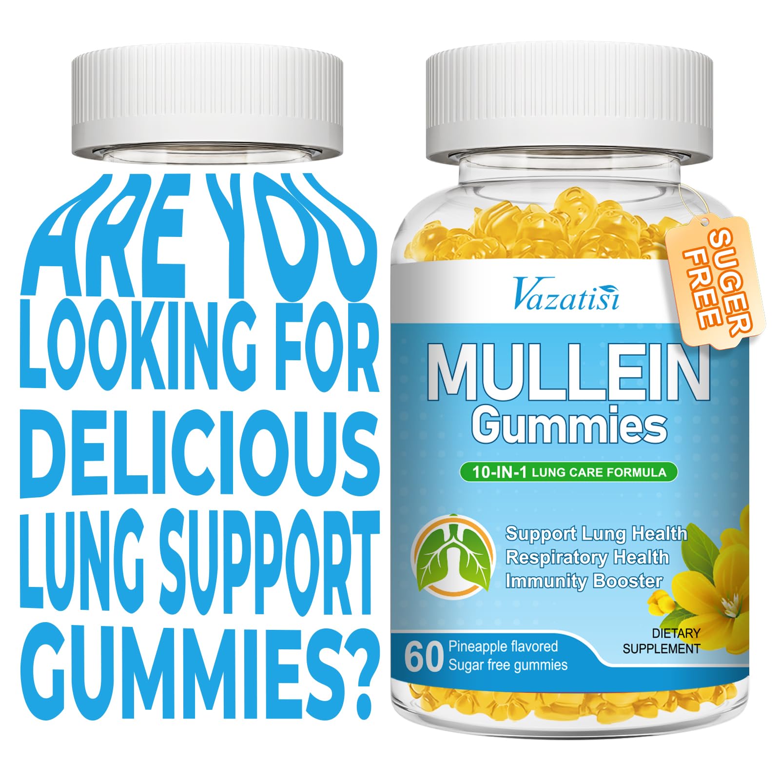 Vazatisi Mullein Gummies for Lungs with Mullein Leaf Extract, Bromelain, Quercetin, Magnesium, Pineapple Flavor, 120 Gummies
