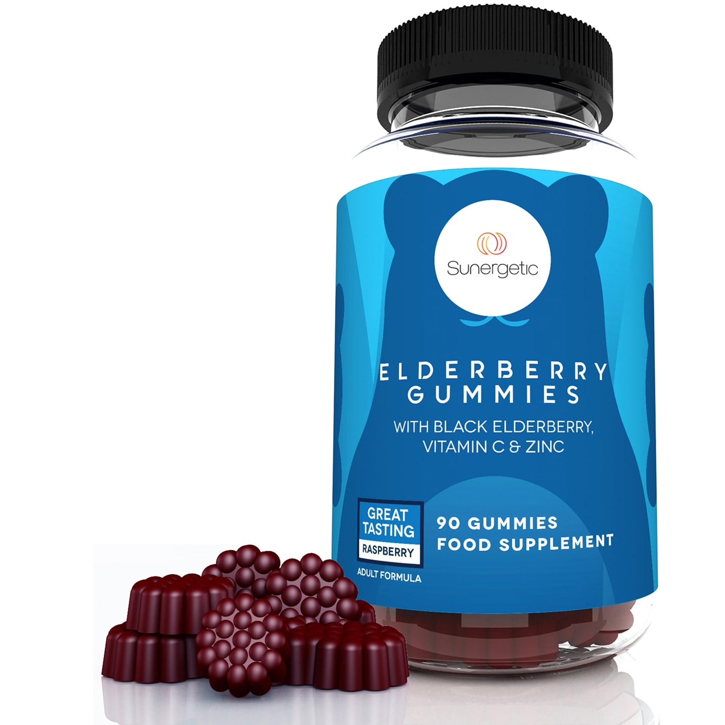 Sunergetic Premium Black Elderberry Gummies with Vitamin C & Zinc, Raspberry Flavored, 90 Gummies