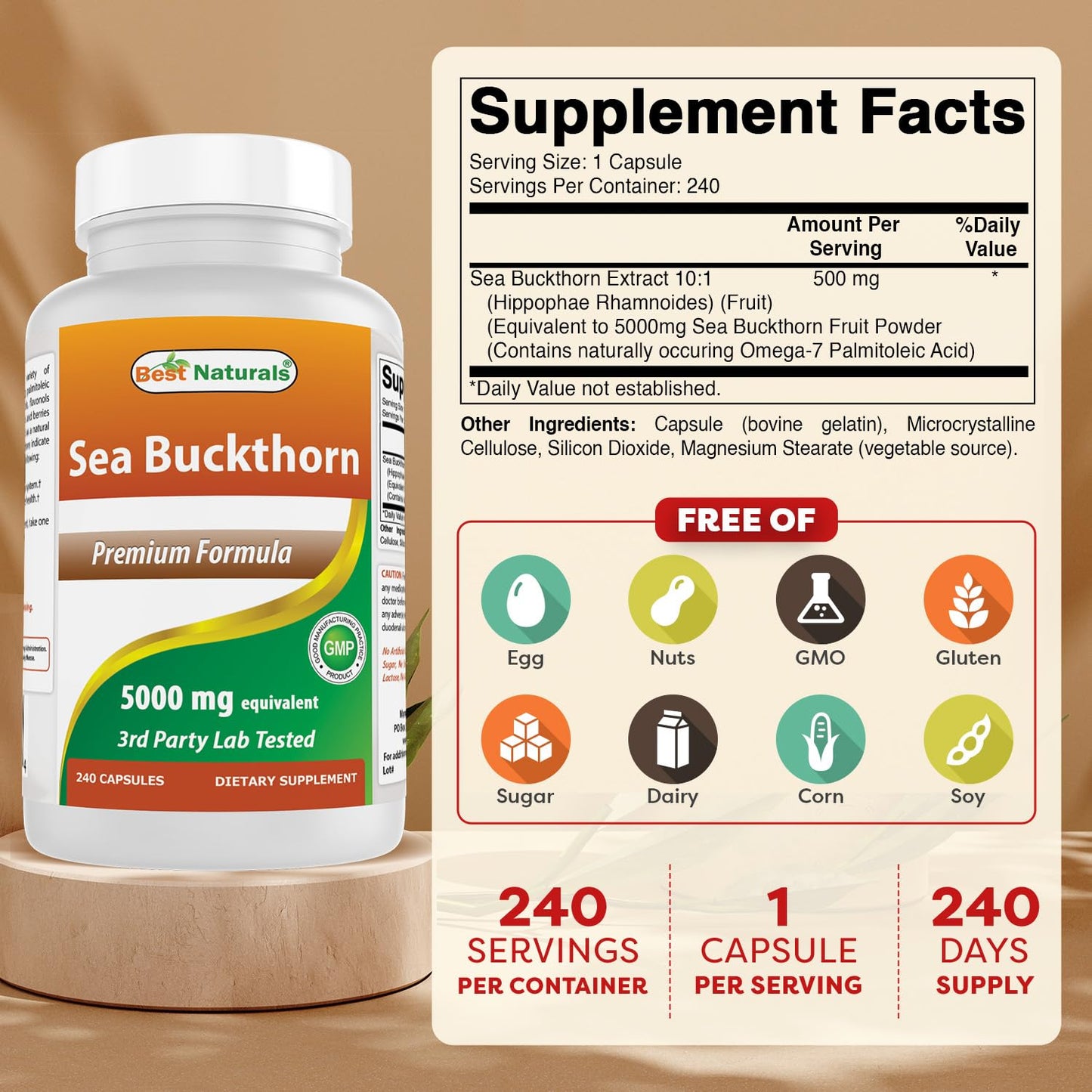 Best Naturals Sea Buckthorn Oil Powder Extract 10:1 500 mg 240 Capsules