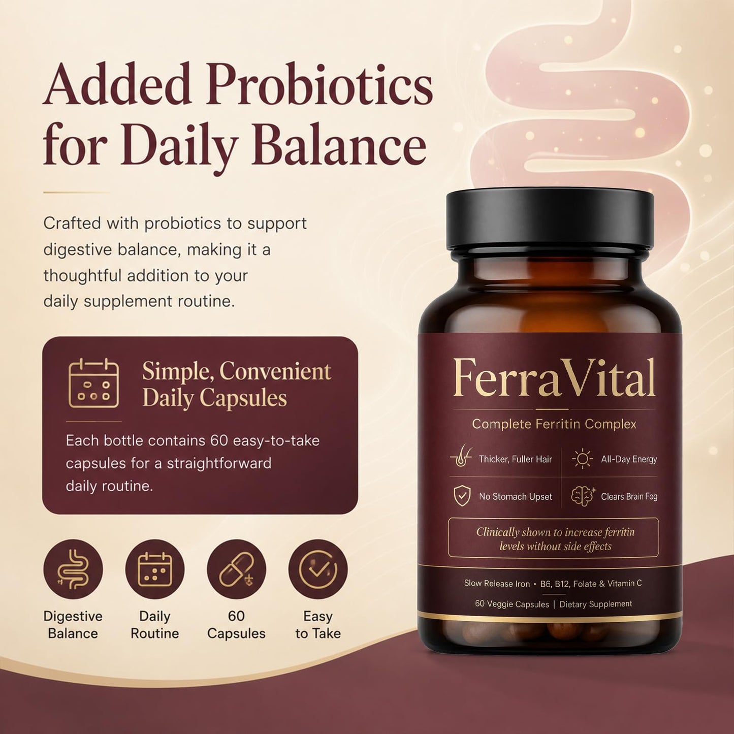 PRIDEWELL FerraVital Ferritin Supplement for Women Iron Supplement with Ferrous Glycinate, Vitamin C, B12, B6, Folate & Zinc – Supports Healthy Iron Levels & Daily Energy, 60 Capsules