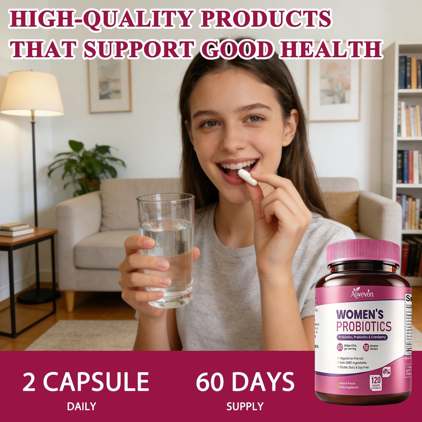 Aiwevon Women Probiotics 50 Billion CFU with Prebiotics & Cranberry, 16-Strain Probiotic for Digestive Gut Health, Vaginal & Urinary Tract Support, 120 Capsules