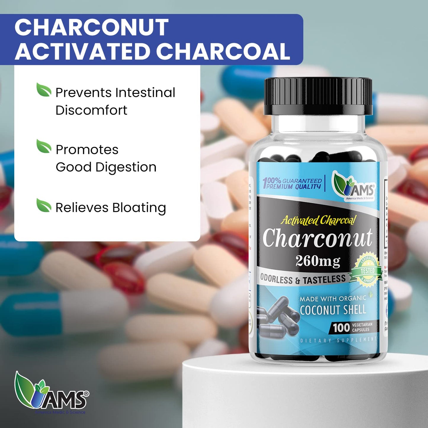 America Medic & Science Charconut 260 mg Activated Charcoal Capsule, 100 Capsules