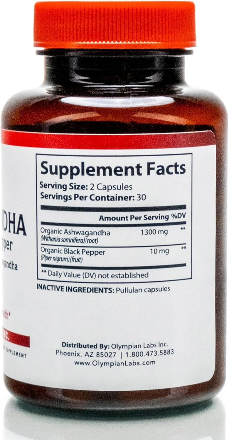 Olympian Labs Organic Ashwagandha with Black Pepper Capsules, 60 Capsules