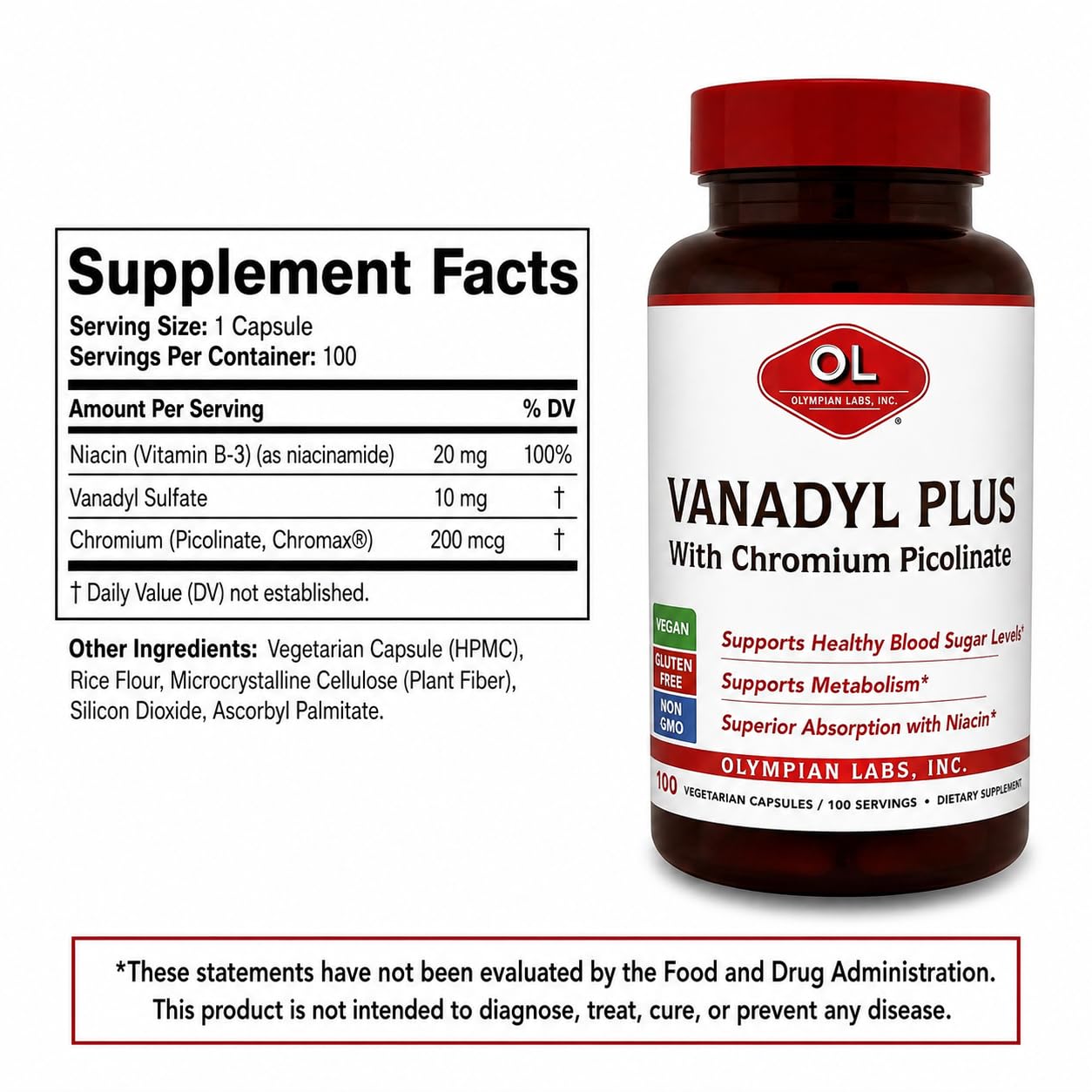 Olympian Labs Vanadyl Plus Formulated with Chromium Picolinate and Niacin Capsules, 100 Capsules