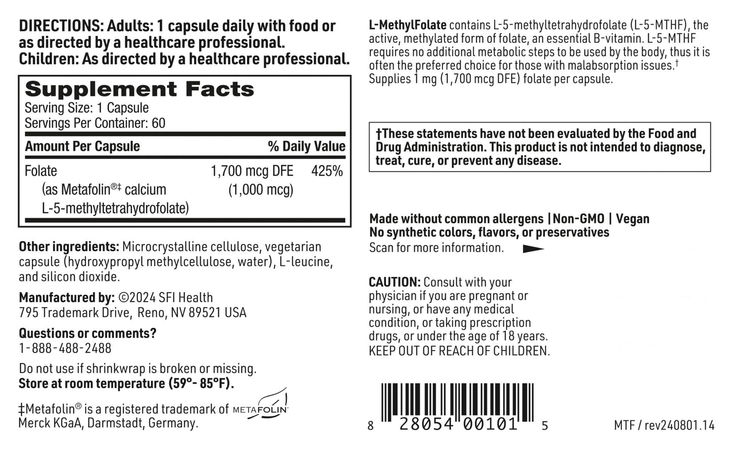 SFI Health L-Methylfolate Metafolin L-5-MTHF 1000 mcg Capsules, 60 Count