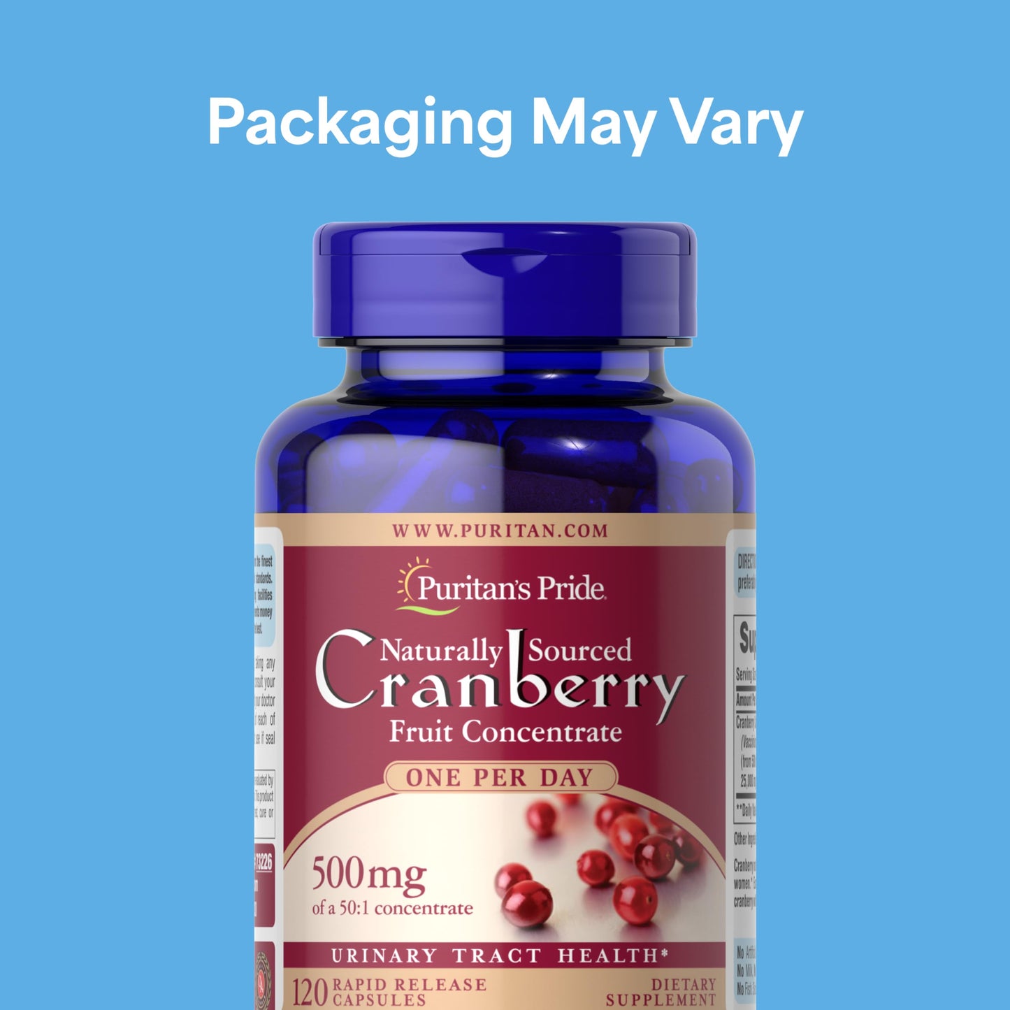 Puritan's Pride Naturally Sourced Cranberry One Per Day Fruit Concentrate 500mg, 50:1 Dietary Supplement for Urinary Tract Support Caplets 240 Count
