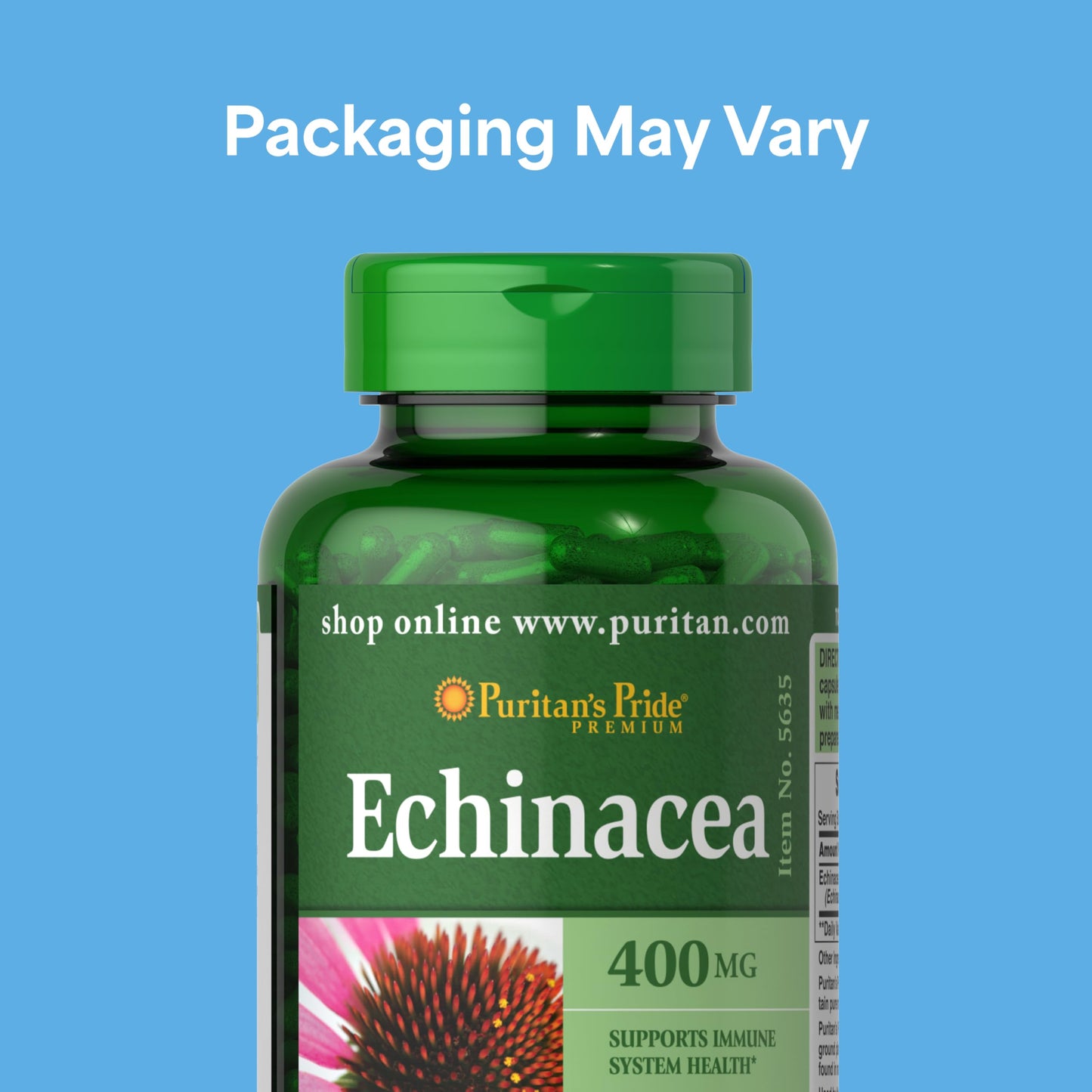 Puritan's Pride Premium Echinacea Natural Whole Herb Herbal Supplement 400mg 200 Capsules