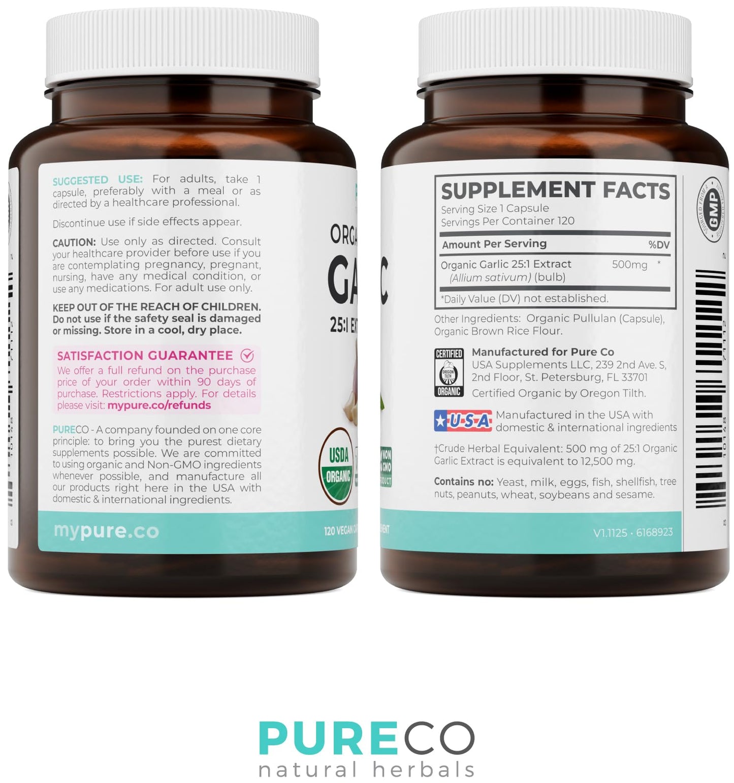 PURE CO USDA Organic Garlic Supplement Capsule 120
