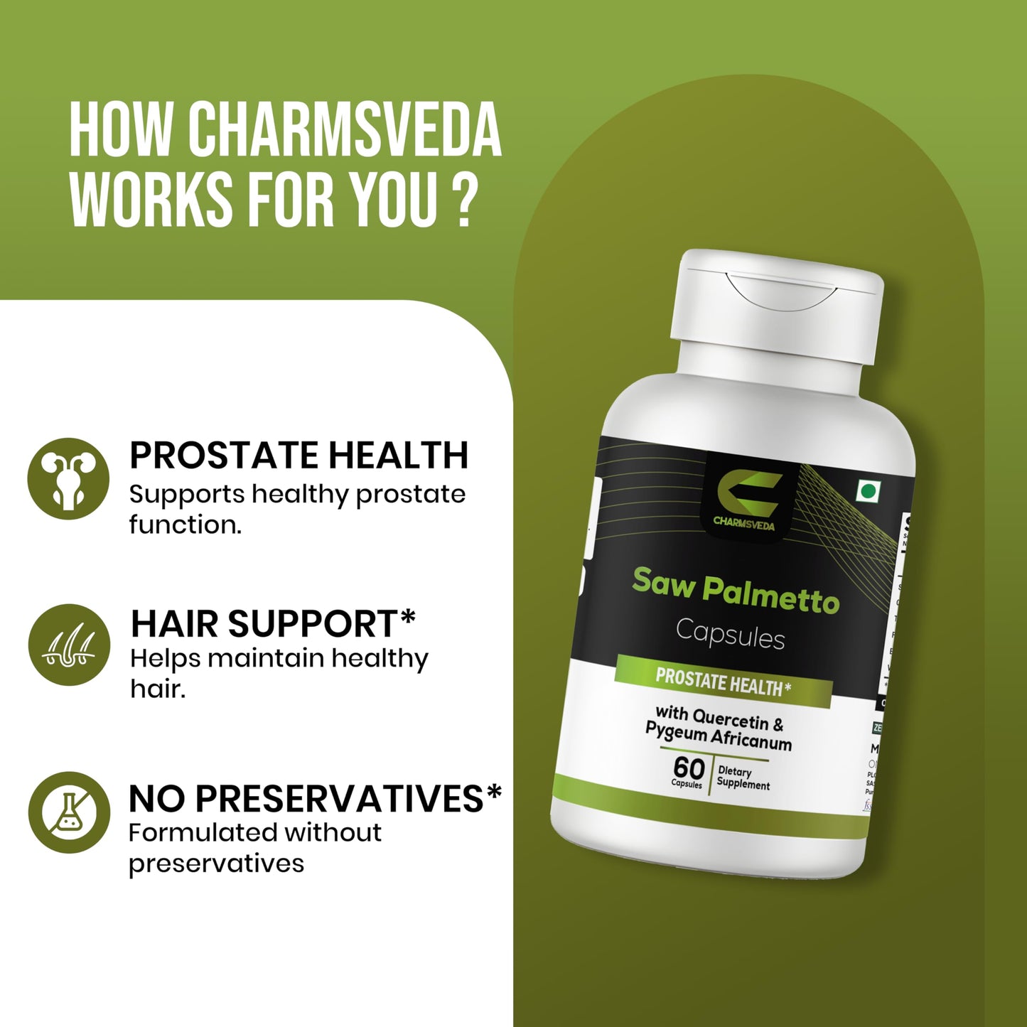 CHARMSVEDA Saw Palmetto Capsules with Quercetin, Pygeum & Turmeric – Heart Health, Overall Wellness & Immune Support, 60 Vegan Capsules