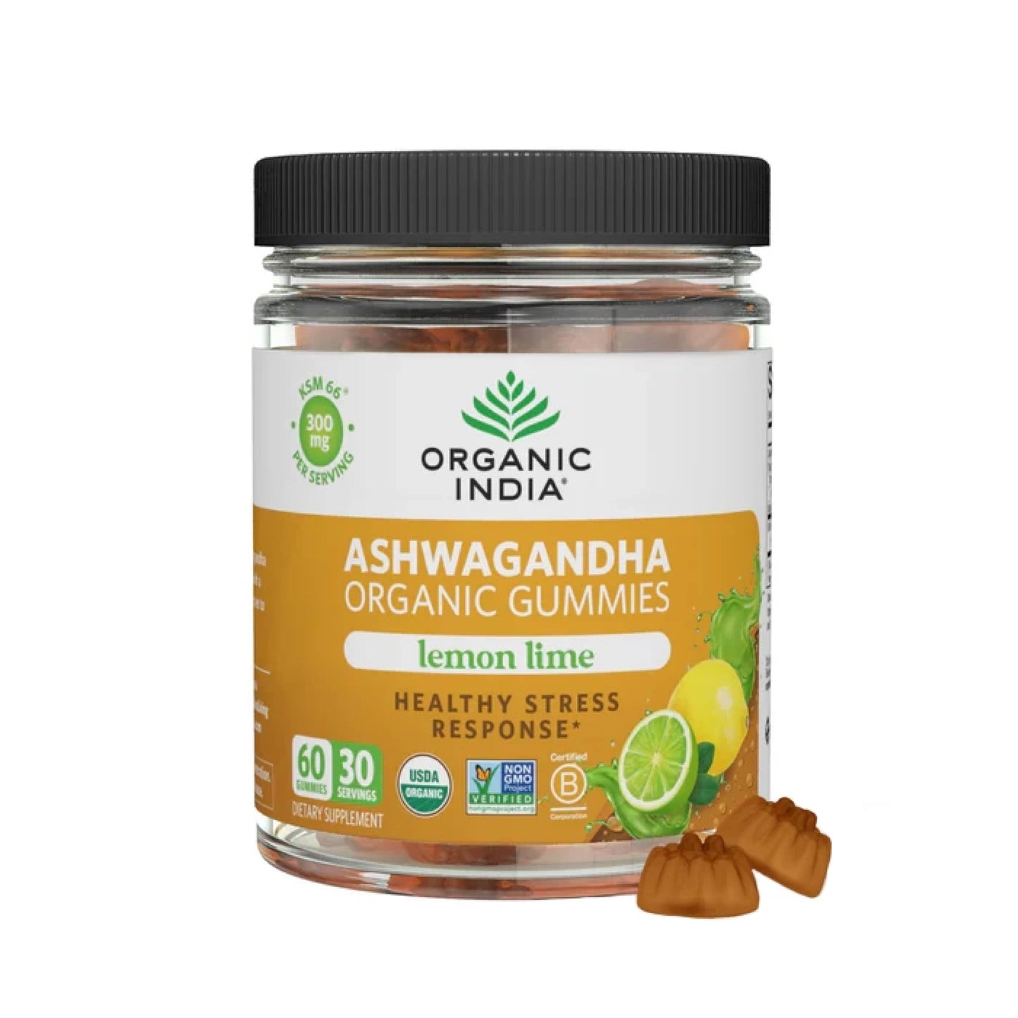 ORGANIC INDIA Ashwagandha Gummies - Stress Support, KSM-66 Ashwagandha Root, Extra Strength, Calm Chews, Vegan, Non-GMO - Lemon Lime, 60 Gummies