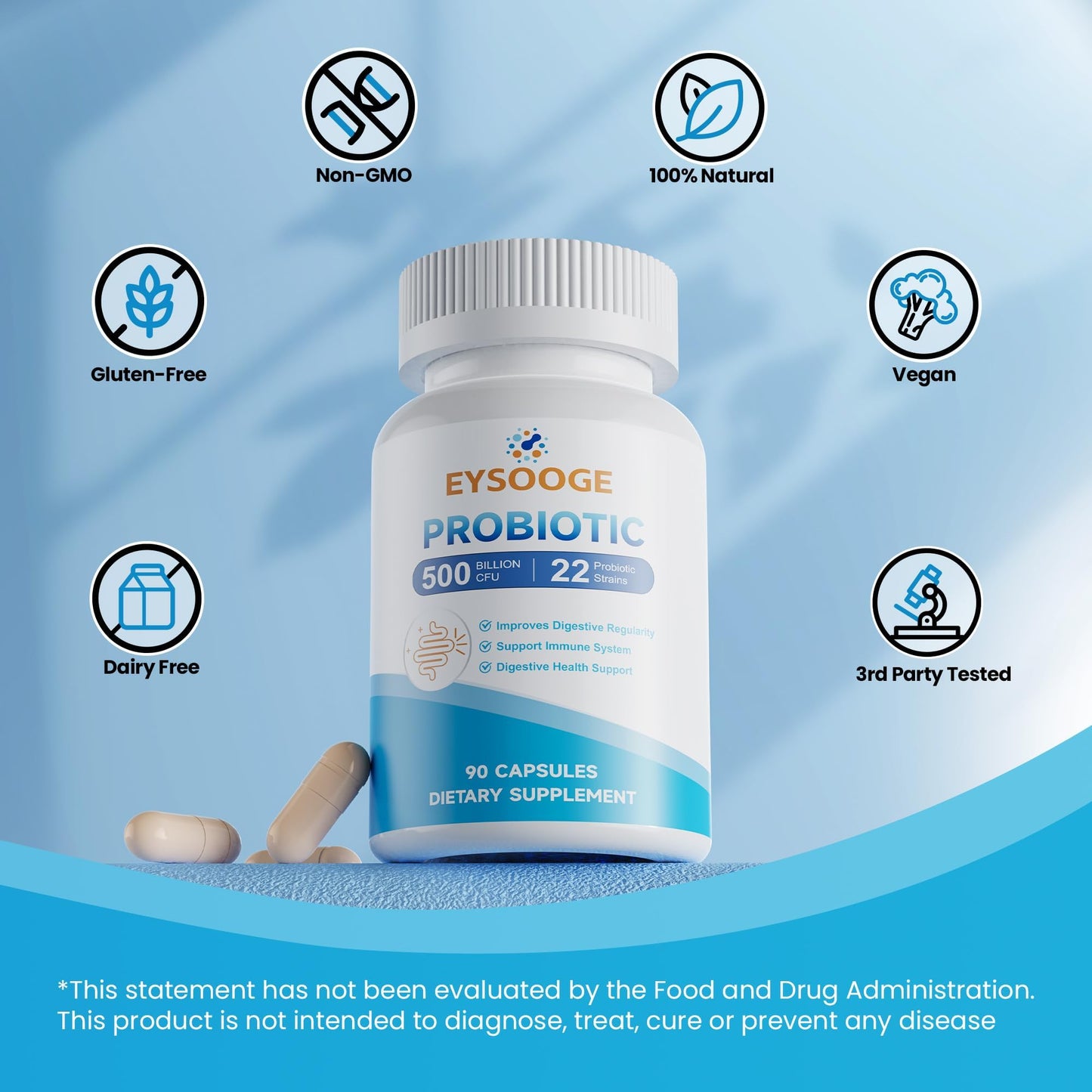 EYSOOGE Probiotics for Women and Men, 500 Billion CFU, 22 Strains + Organic Prebiotics, Daily Probiotics for Digestive, Immune, & Gut Health, 90 Capsules