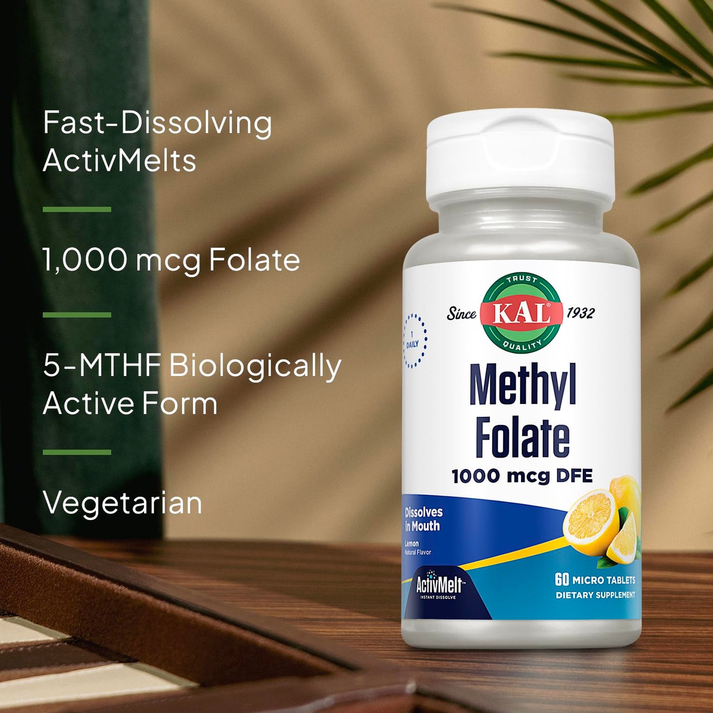 KAL Methyl Folate 1000 mcg - 5-MTHF Active Form, Folic Acid Supplement for Women and Men, Heart Health, Prenatal, Brain Support for Adults, Vegetarian, Natural Lemon ActivMelt - 60 Micro Tablets