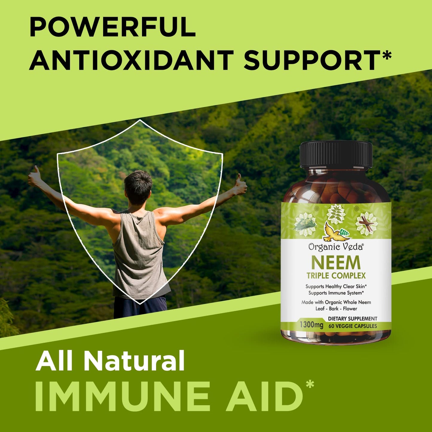 Organic Veda Neem Capsules with Triple Complex Neem Leaf Extract, Bark & Flower 60 Count