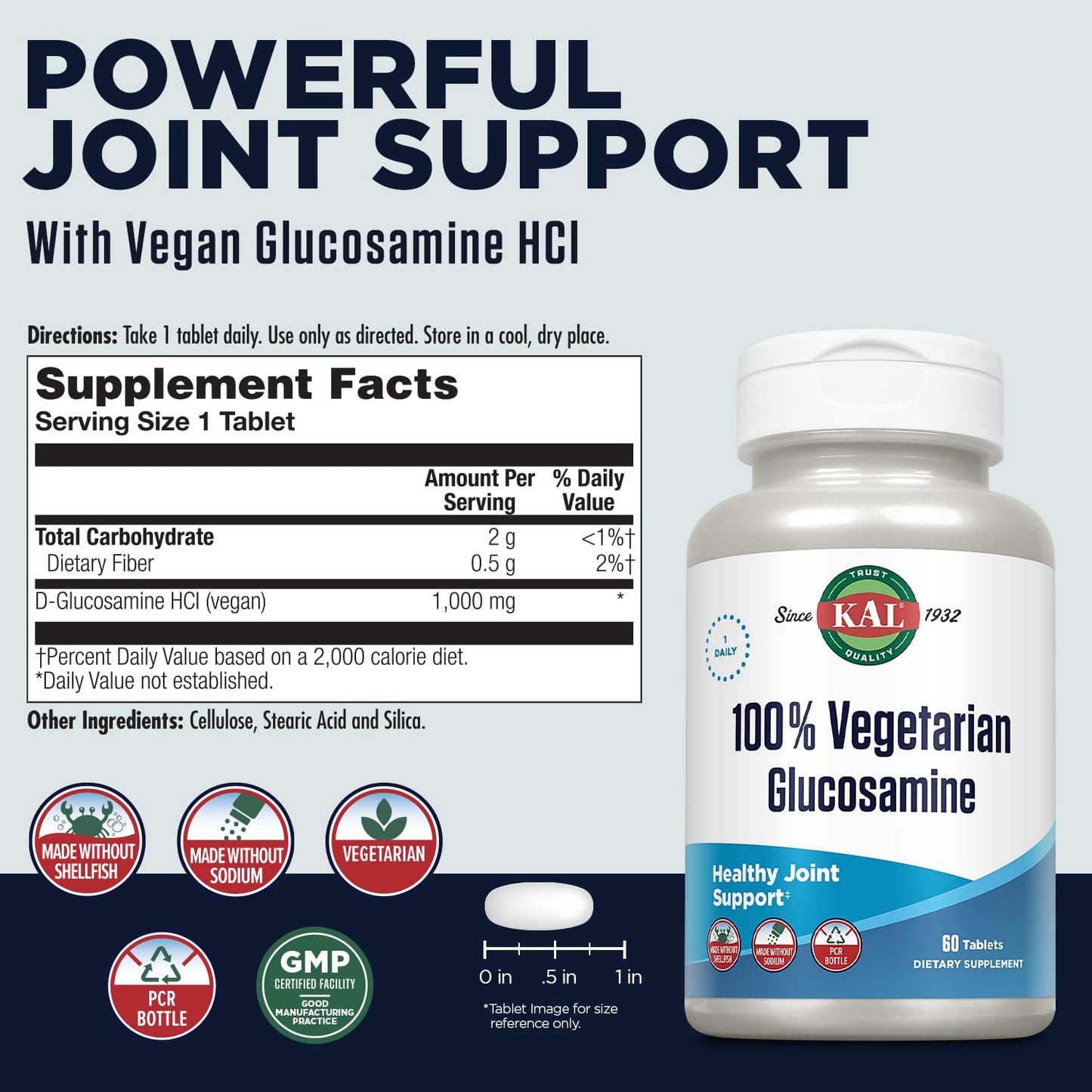 KAL 100% Vegetarian Glucosamine 1000 mg, Vegan Glucosamine HCl Joint Health Tablets, 60 Tablets