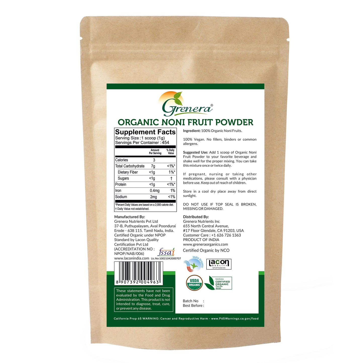 Grenera Organic Noni Fruit Powder, 16 Ounce