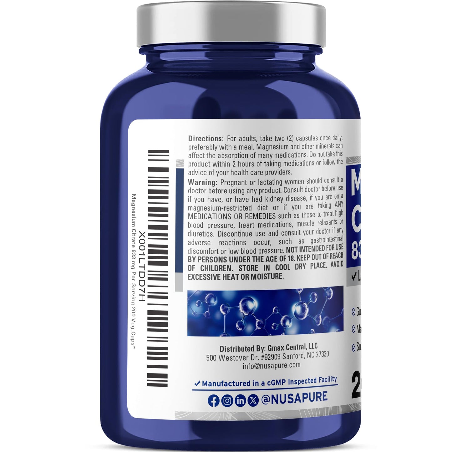 NusaPure Magnesium Citrate, 833mg, Vegan, Non-GMO, 200 Veg Capsules