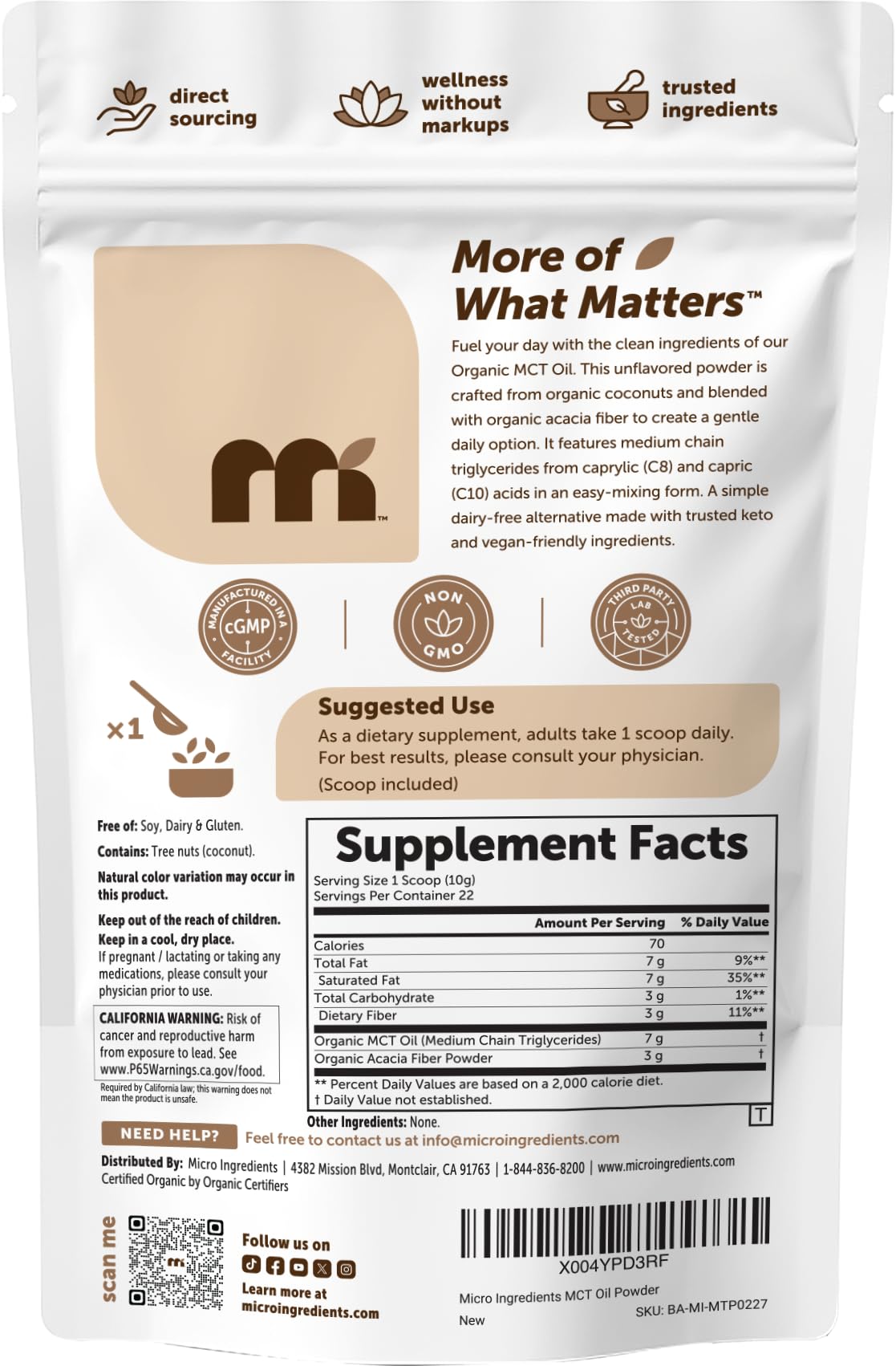 Micro Ingredients Organic MCT Oil Powder with Prebiotic Fiber, 8 oz