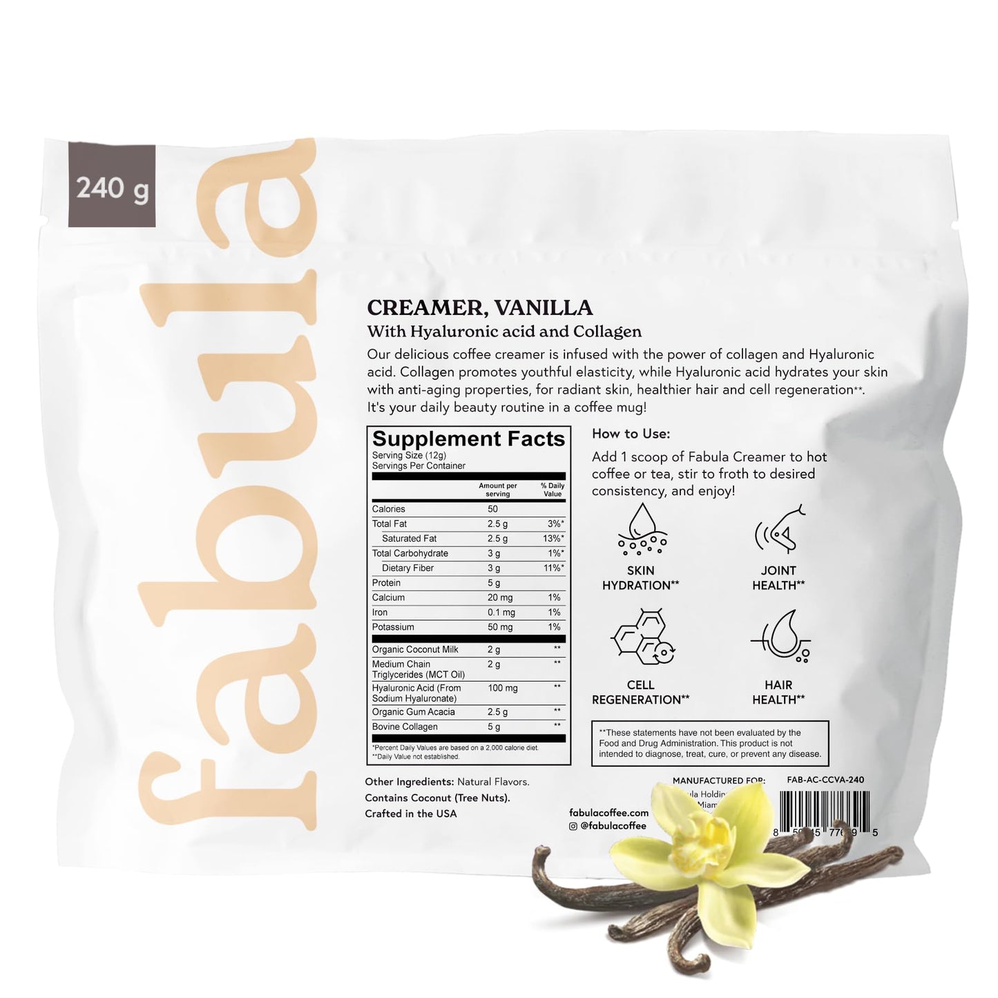 Fabula Collagen Creamer for Coffee with Hyaluronic Acid, MCT Oil, Organic Coconut Milk, Vanilla Flavored, Non-Dairy, Sugar-Free Powder, 8.5 Oz