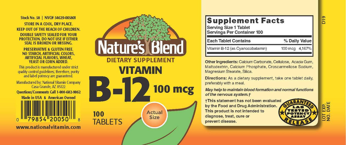 Nature's Blend Vitamin B-12 Tablet (100 mcg), 100 Tablets