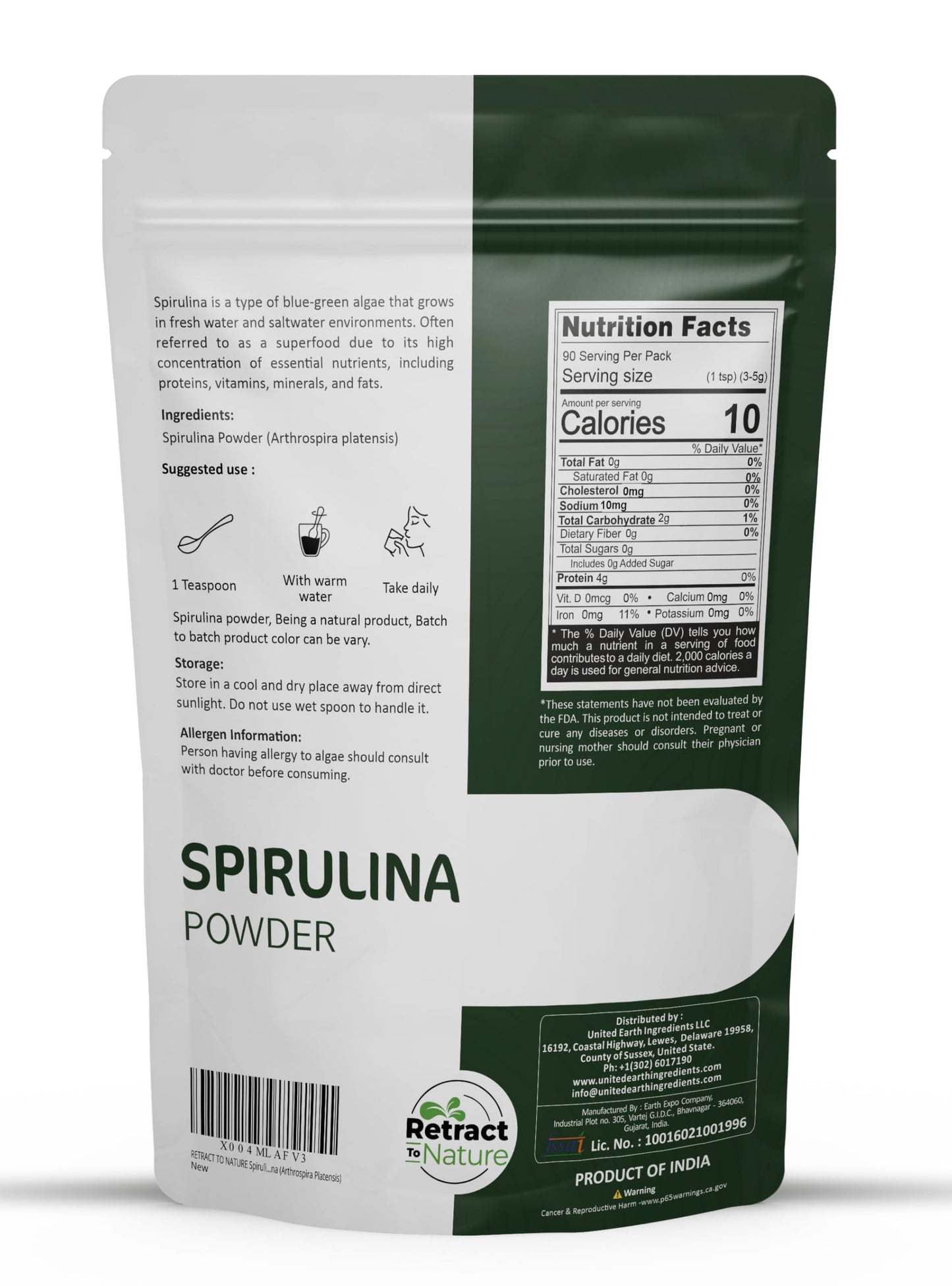RETRACT TO NATURE Spirulina Powder 16 oz