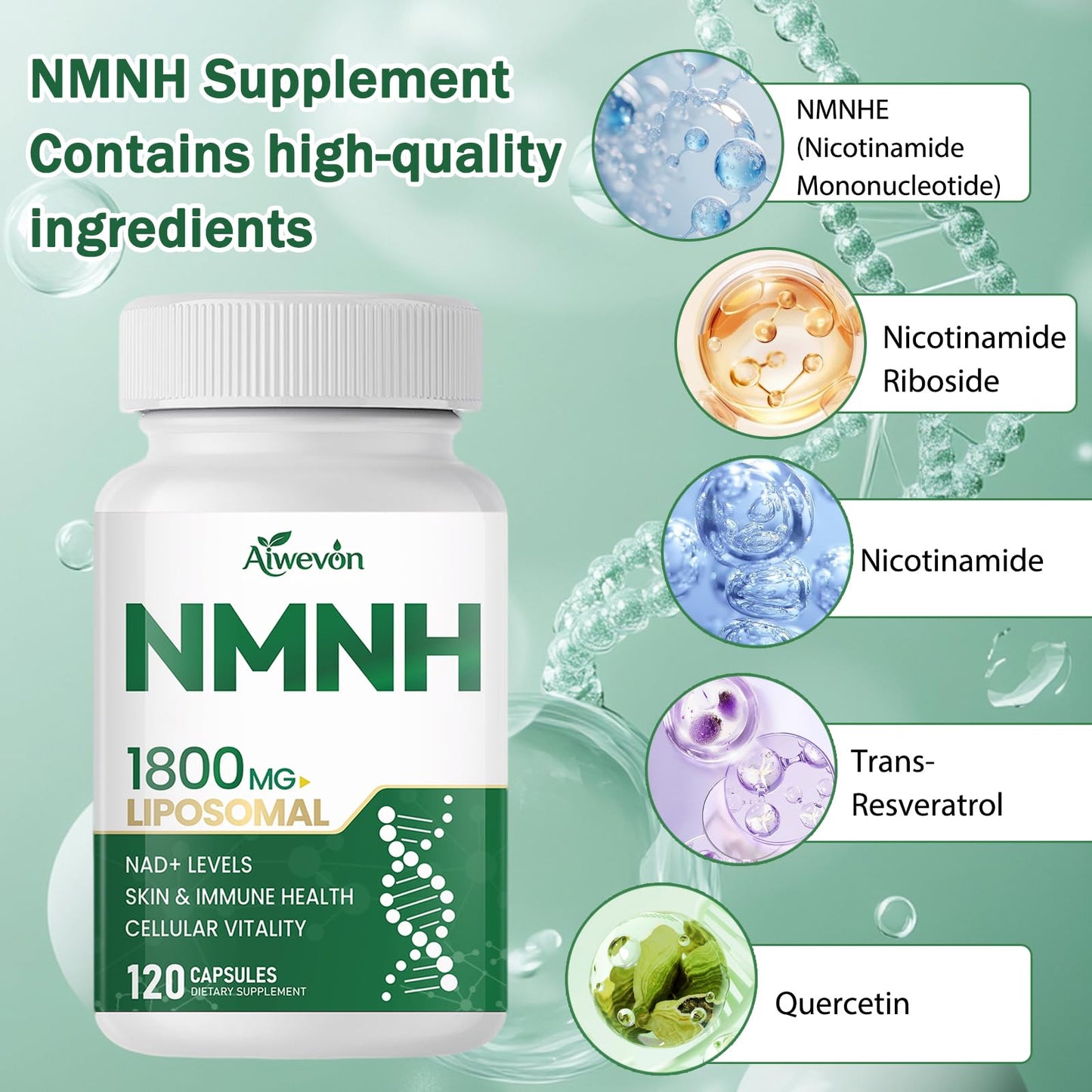 Aiwevon NMNH 1800mg Liposomal NAD+ Supplement NMNH NMN Alternative with Nicotinamide Riboside & Resveratrol, NAD Booster for Cellular Energy Healthy Aging Support, 120 Vegan Capsules
